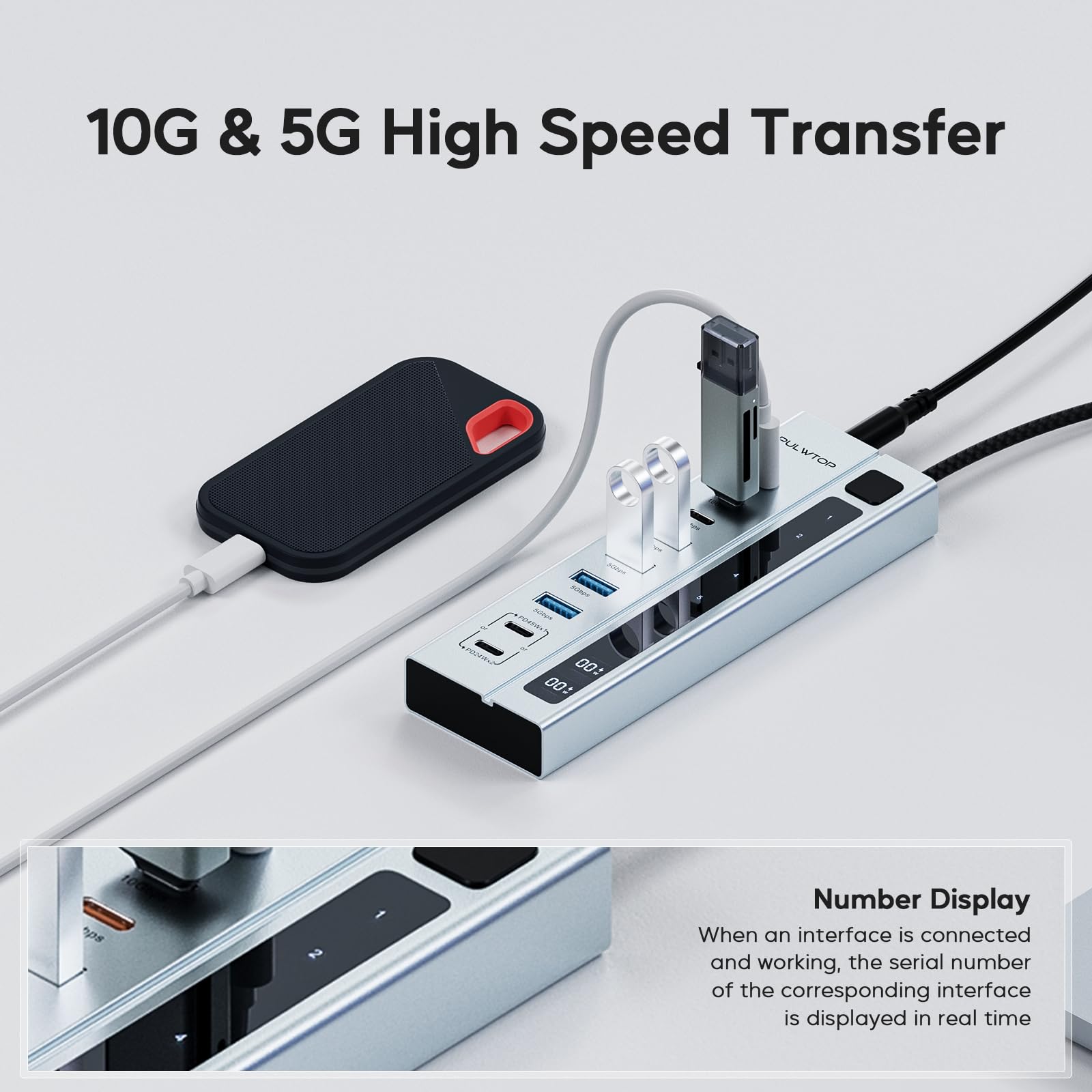 Pulwtop Powered Usb C Hub,Usb Hub Pd 45W Charging(Not Support Video),9 Port Support 10Gbps Data 3 Usb C 3.2,4 Usb 3.0 Ports With