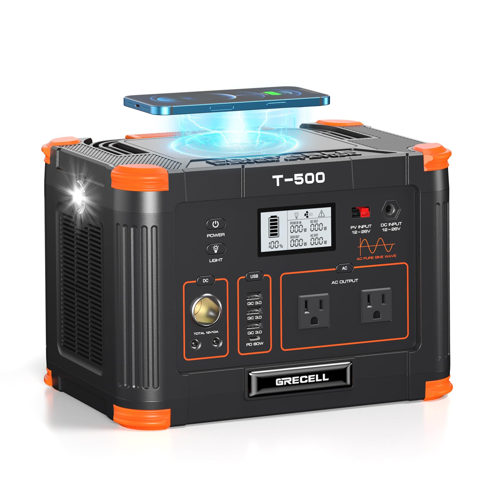 GRECELL Portable Power Station 500W, 519Wh/140400mAh Solar Generator Backup Lithium Battery Pack Power Supply with 2 AC Outlets,