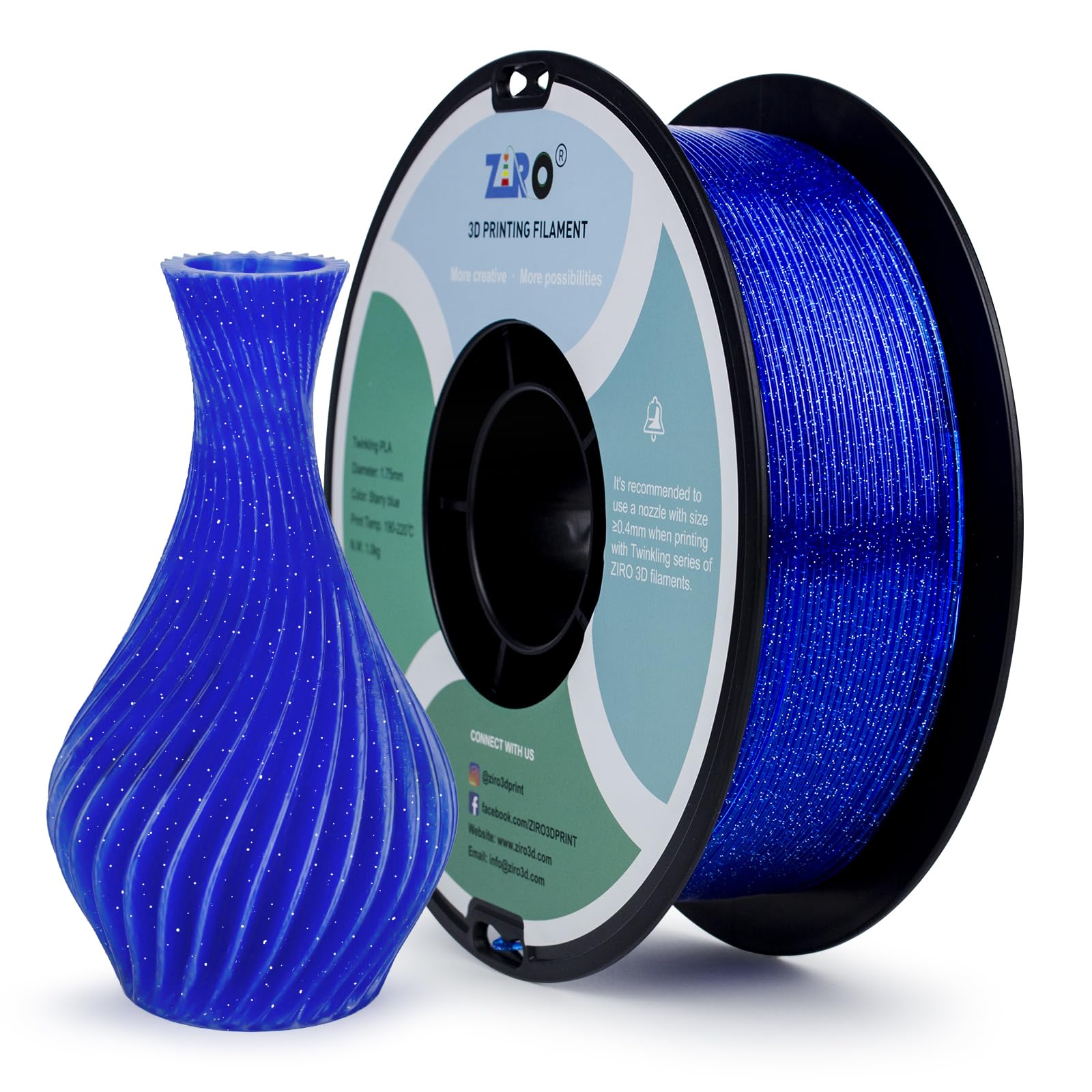 ZIRO Glitter PLA Filament 1.75mm, Sparkle Translucent 3D Printer Filament, Twinkle Series 2.2lbs Spool, Neatly Wound, Fit Most F