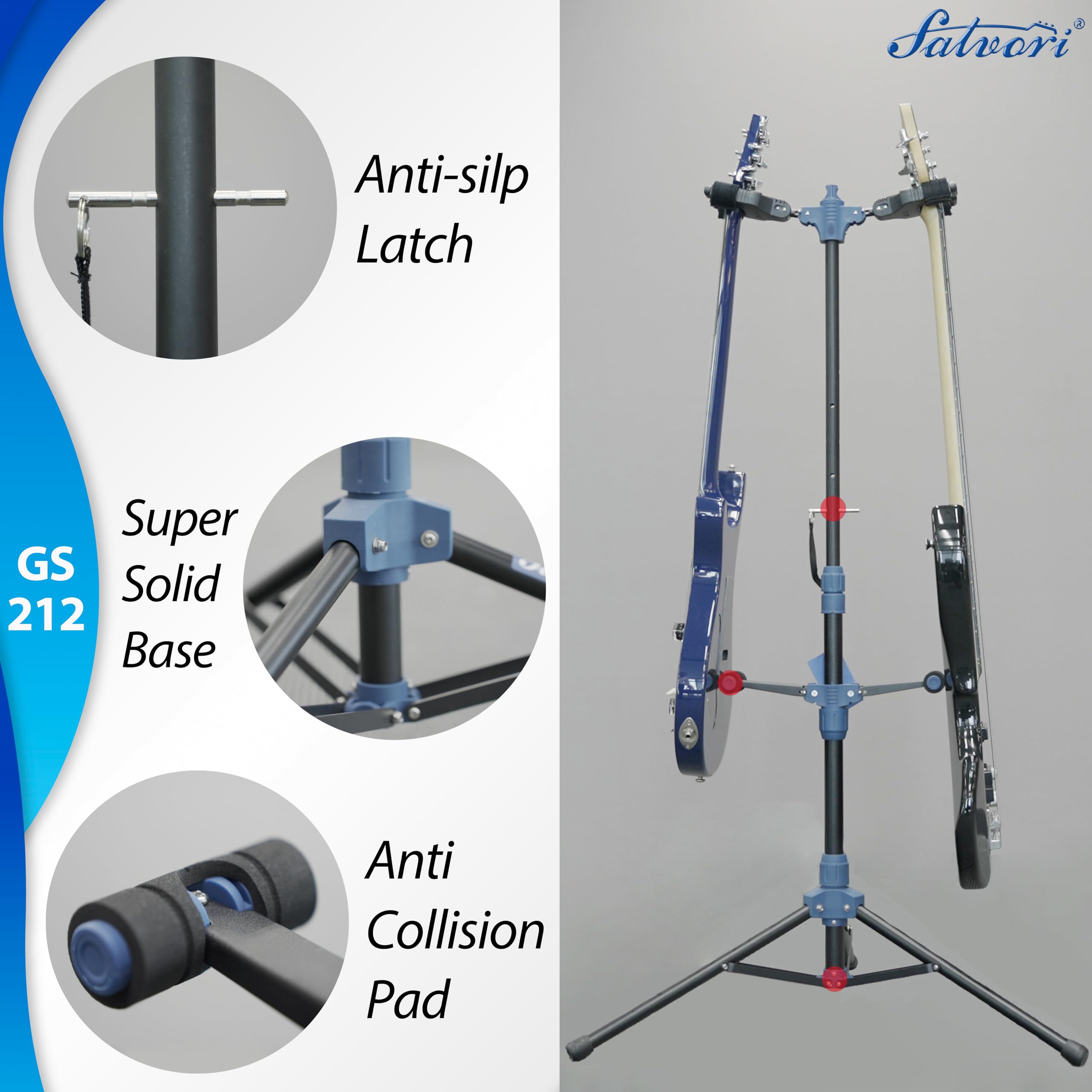 Salvori Folding Dual Guitar Stand With Auto Lock System And Soild Tripod, Double/Multiple Guitar Stand/Holder/Rack For Single Ba