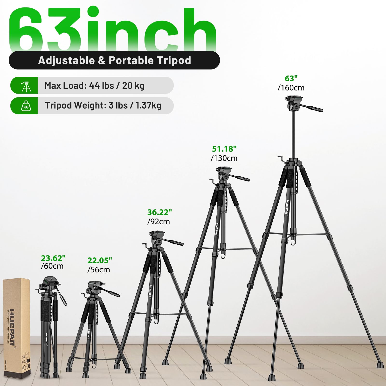 Huepar Lightweight 63 Inch Adjustable Laser Level Tripod With 3 Way Swivel Pan Head, Portable Handle, Bubble Level, Quick Releas