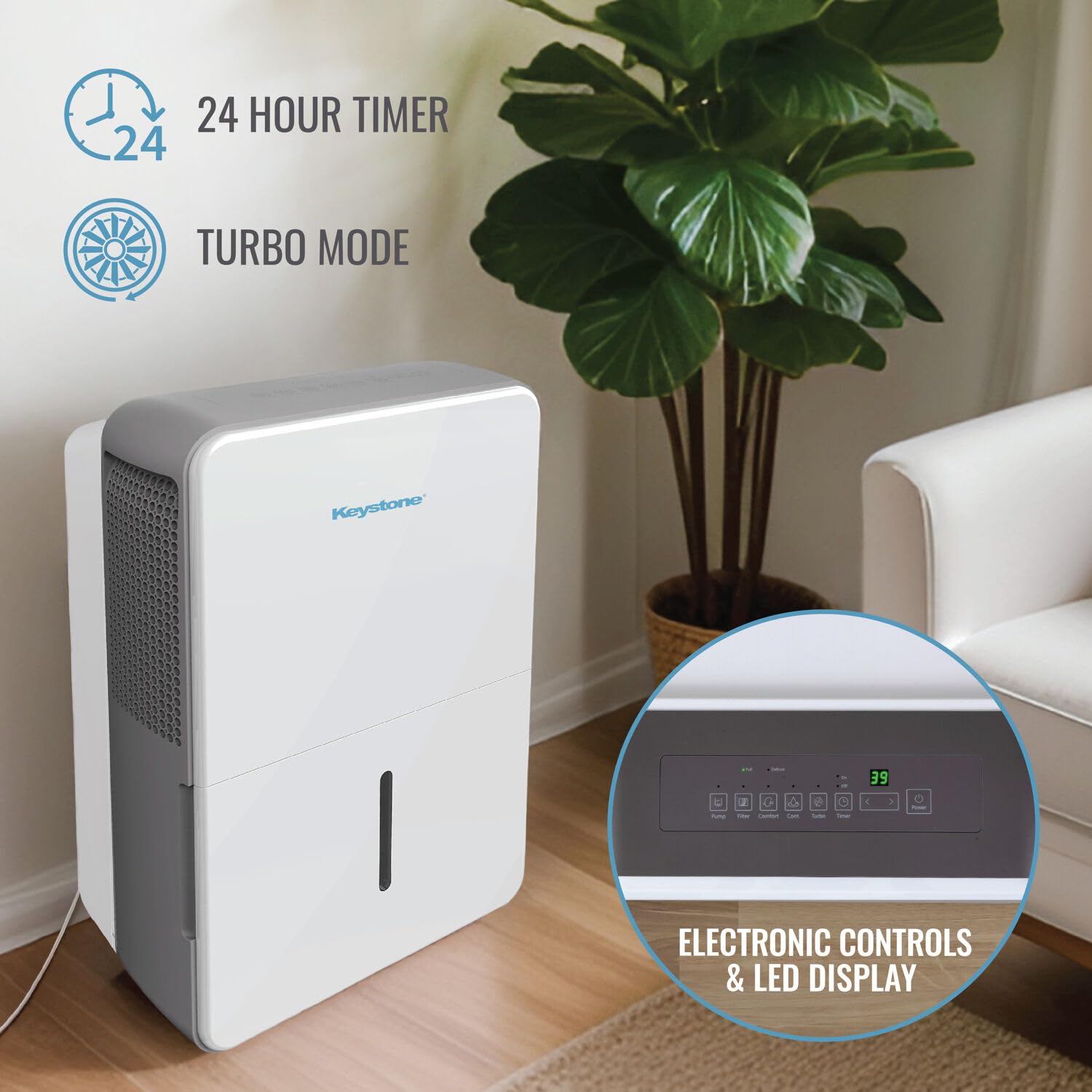 KEYSTONE 50-Pint Portable Dehumidifier for Home, Garage & Basement - Quiet, Auto-Shutoff, 4,500 Sq.Ft Capacity, White