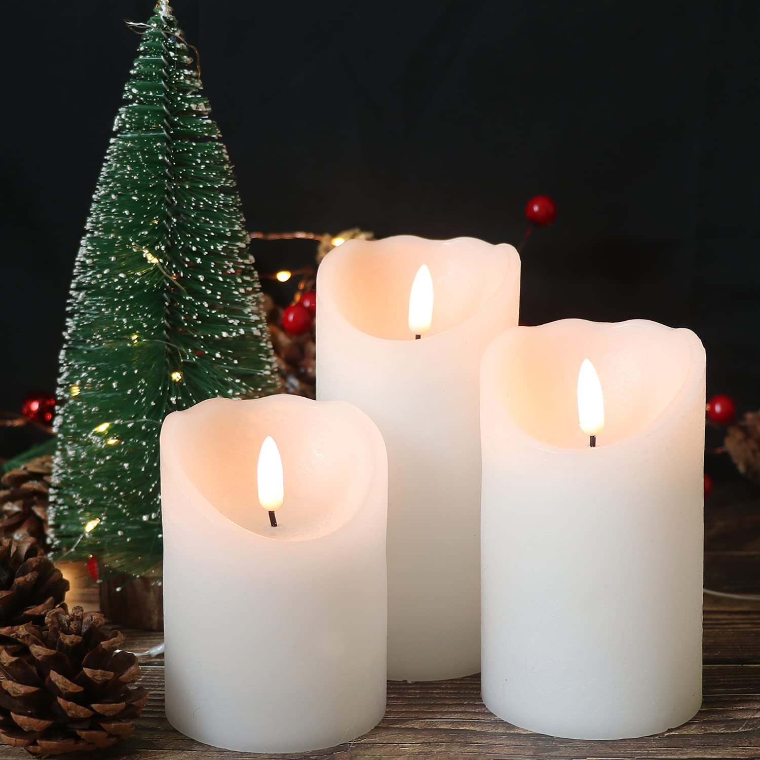 Eldnacele Flameless Flickering Candles With Remote Timer, 3D Wick Real Wax Battery Operated White Pillar Candles With Remote Set