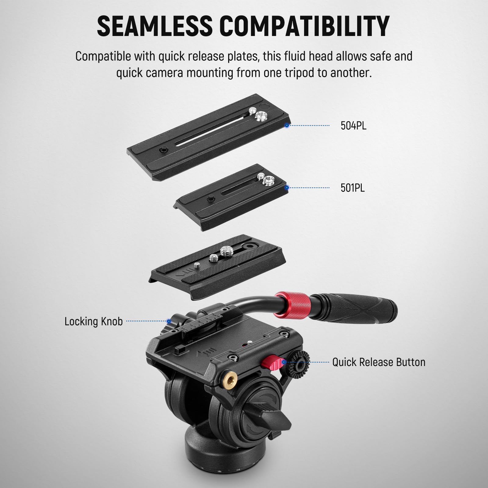 Neewer Video Tripod Fluid Head With Quick Release Plate, Telescopic Handle & Panorama Scaled Base (?55Mm), Max Load 13.2Lb/6Kg,