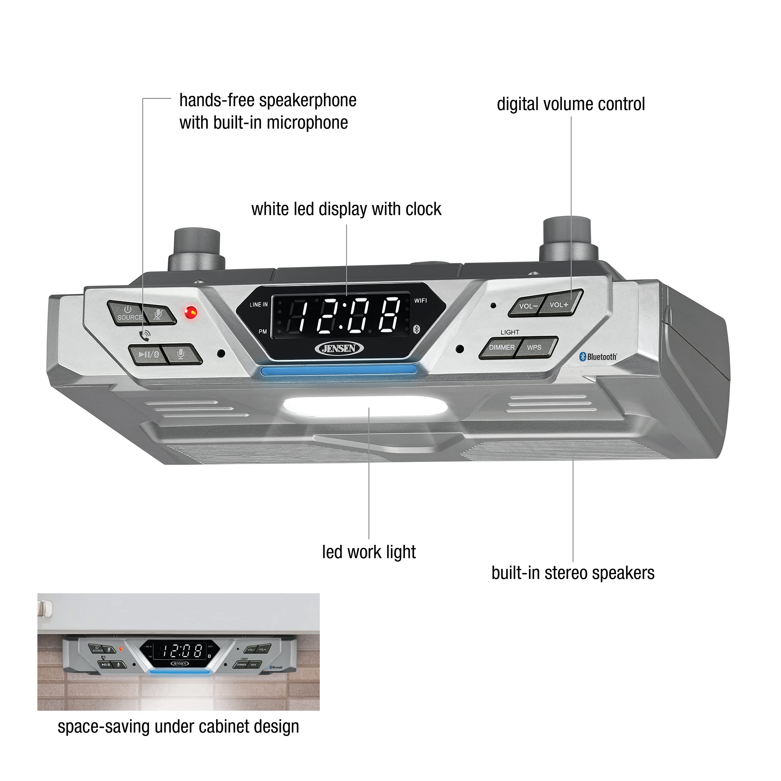 Jensen Under Cabinet Bluetooth Music System With Alexa Far-Field And Tap To Talk
