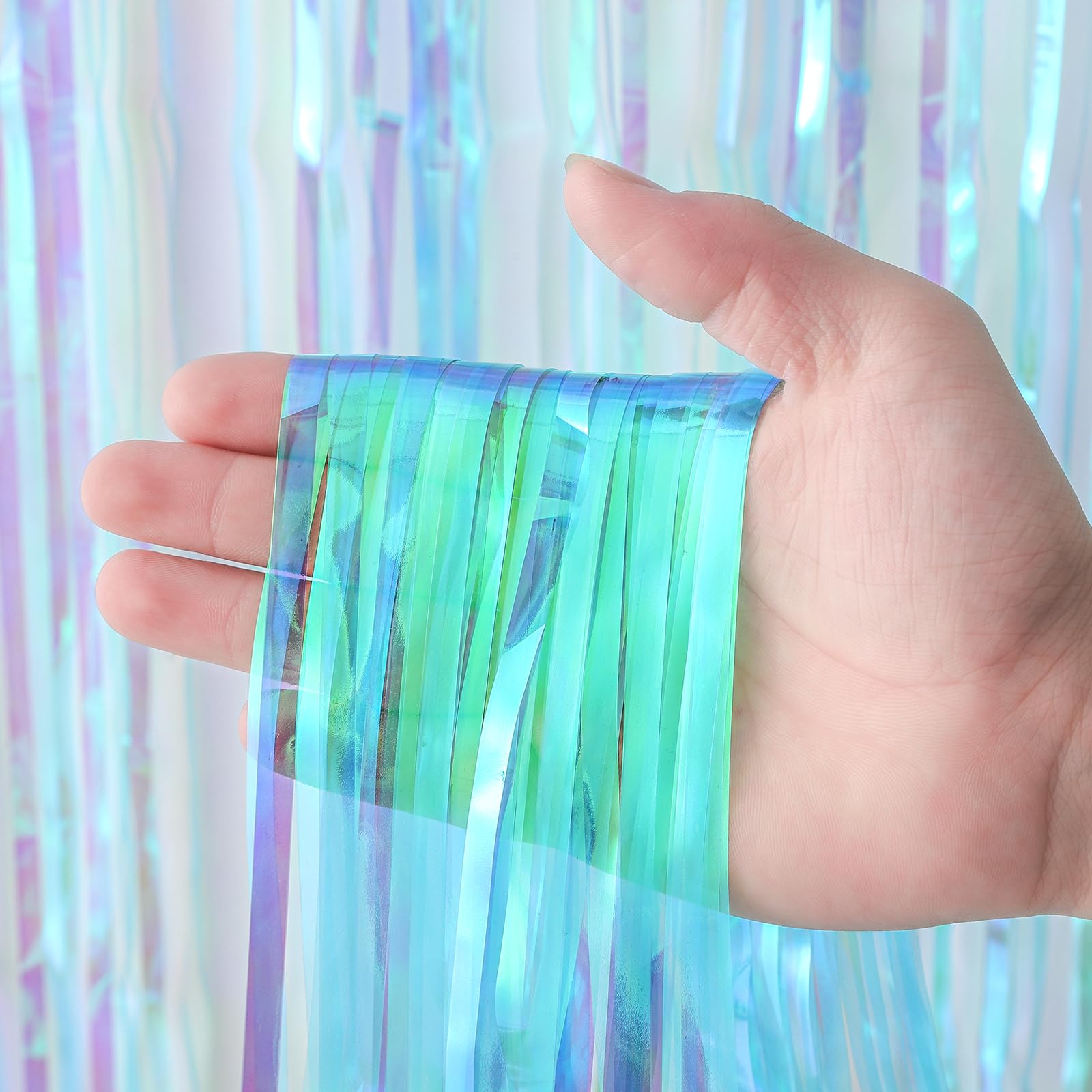 Voircoloria 4 Pack 3.3X8.2 Feet Neon Iridescent Foil Fringe Backdrop Curtains, Tinsel Streamers Birthday Party Decorations, Frin