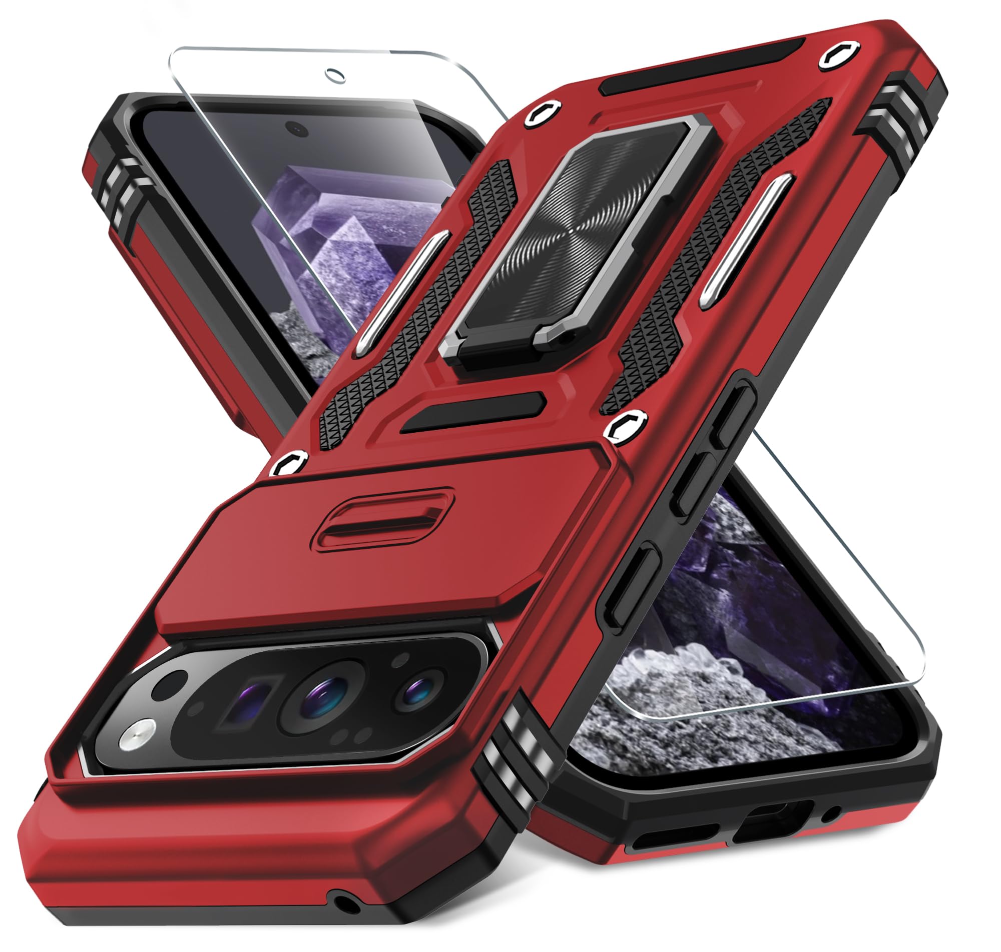 Deerlamn Case For Google Pixel 9 Pro Xl With Slide Camera Cover+Screen Protector(1 Pack), Rotated Ring Kickstand Military Grade