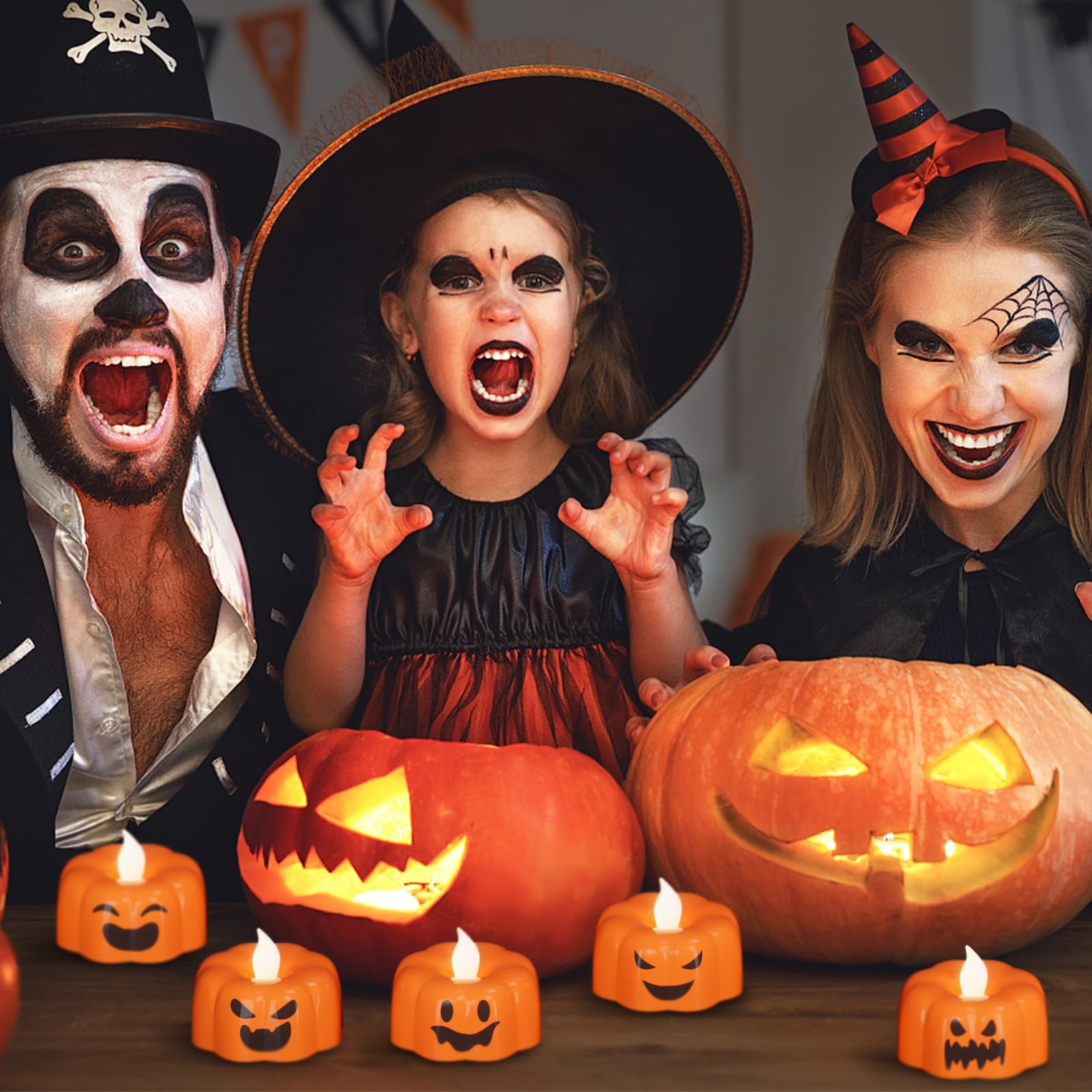 Kunswenn Halloween Pumpkin Tea Lights Candles Battery Operated With Timer, 6 Pack Flameless Led Tealight Candles For Halloween P
