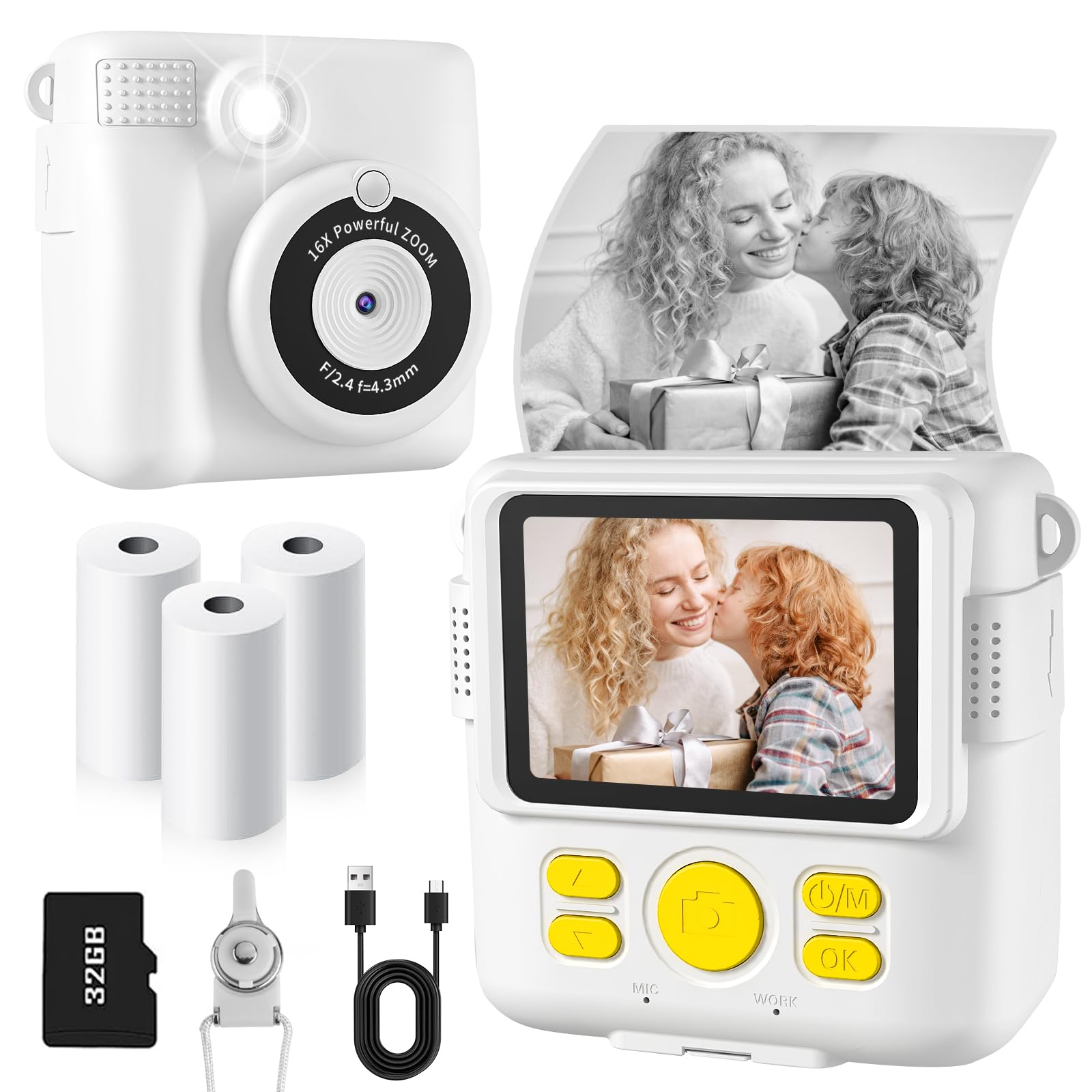 Instant Print Camera For Kids With 3 Rolls Of Printer Paper, 1080P Toddler Digital Camera Toys For Age 3 12 With 32Gb Sd Card, Christmas & Birthday Gifts For 3 4 5 6 7 8 Year Old Girls & Boys (White)