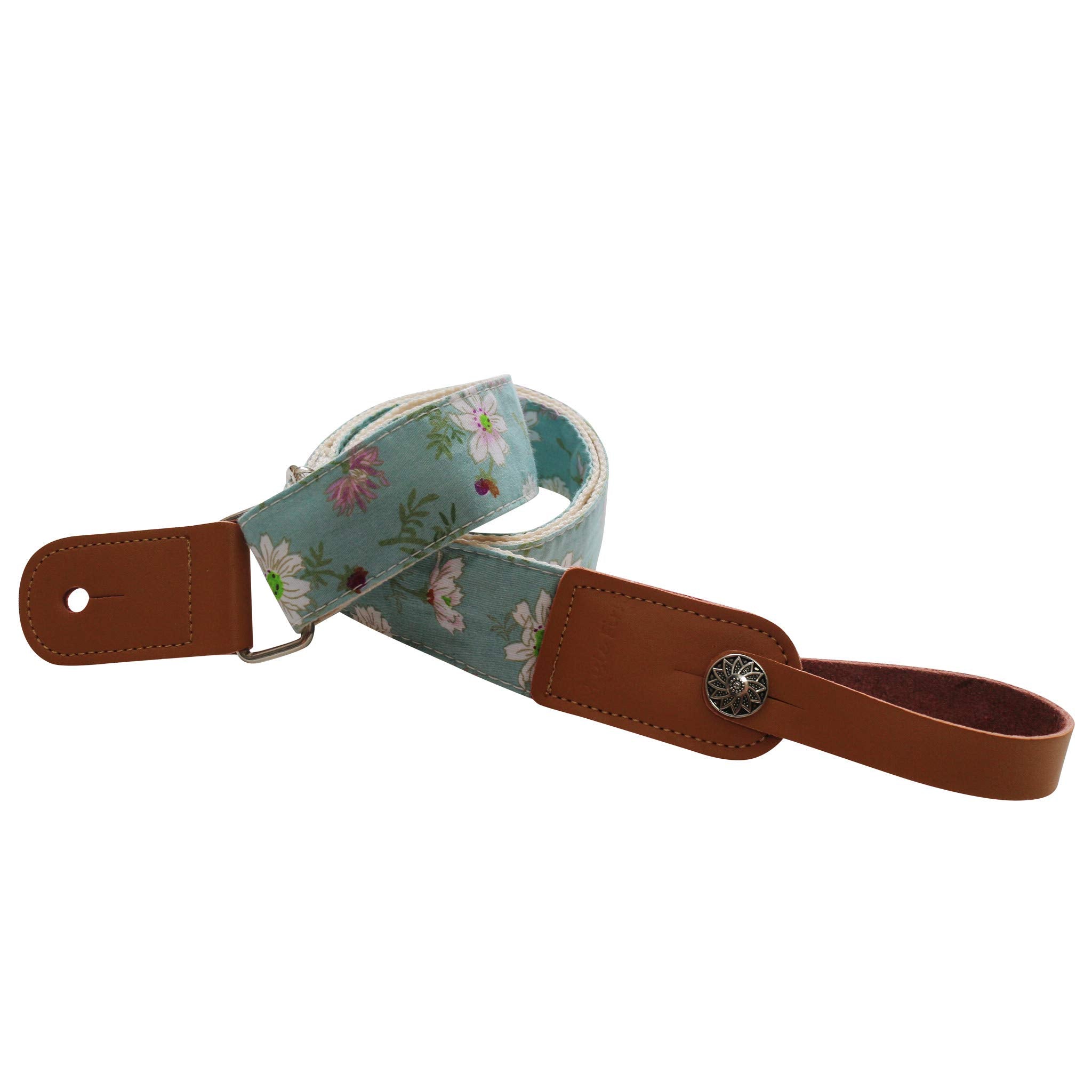 Music First Original Design Vintage Blue Daisy    Soft Muslin & Genuine Leather Ukulele Strap Ukulele Shoulder Strap With A Genu