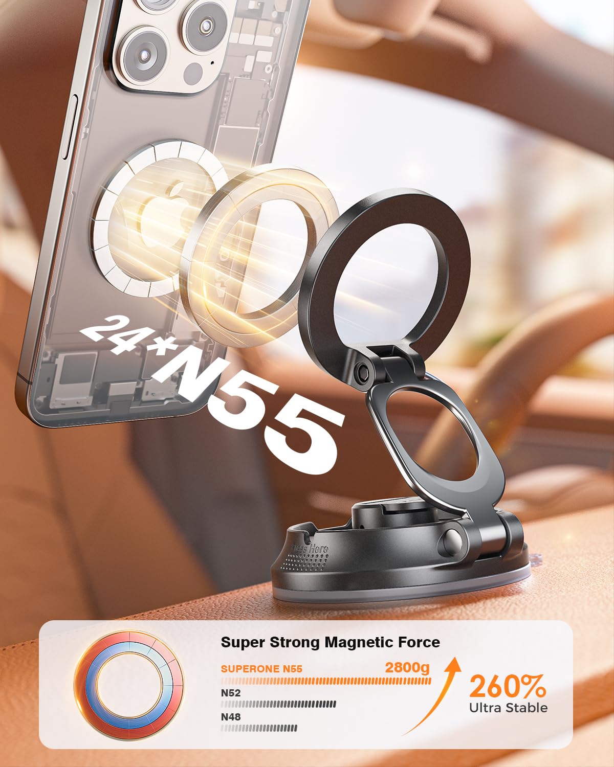 Superone For Magsafe Car Mount [88Lbs Powerful Suction] Magnetic Phone Holder For Car Dash Windshield, Suction Cup Phone Mount F