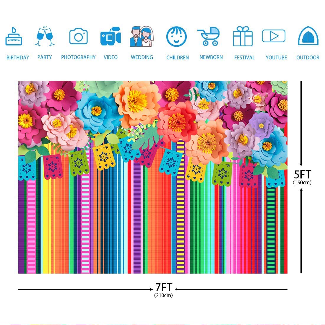 Ticuenicoa 7X5Ft Mexican Fiesta Backdrop Photobooth Flowers Fiesta Background Drop Cinco De Mayo Backdrop For Pictures Floral Stripes Flags Birthday Party Mexican Party Decoration Photo Booth Props