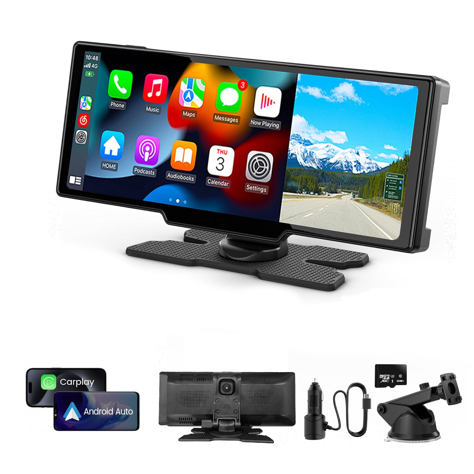 Portable Apple CarPlay & Android Auto Screen for Car | 4K Dash Cam | 10.26   Touchscreen Car Stereo with Voice Control, Music 