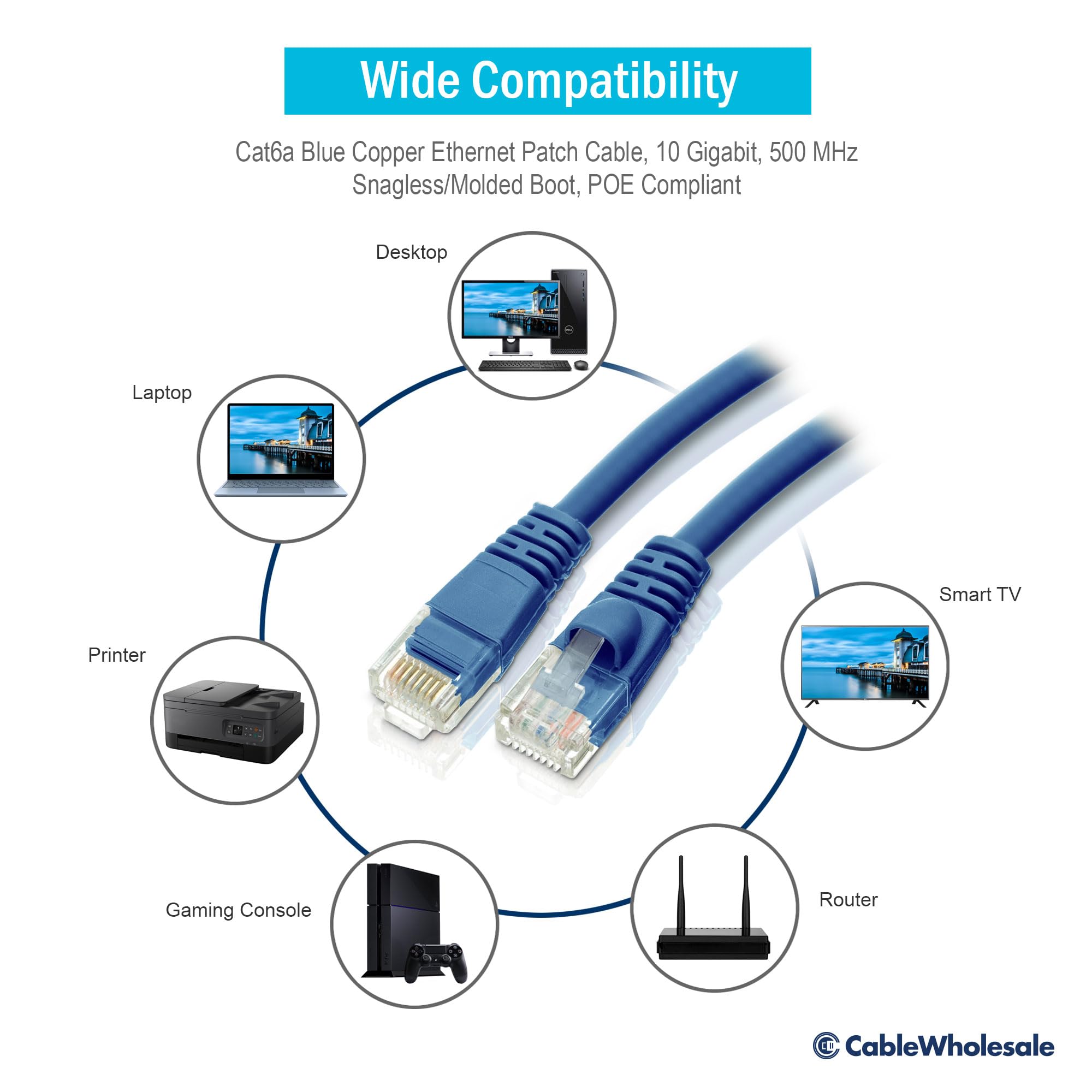 Cablewholesale 100 Foot Blue Cat6A Ethernet Patch Cable, Snagless/Boot With Rj45 Connector, 500 Mhz, 24 Awg, Utp(Unshielded Twis