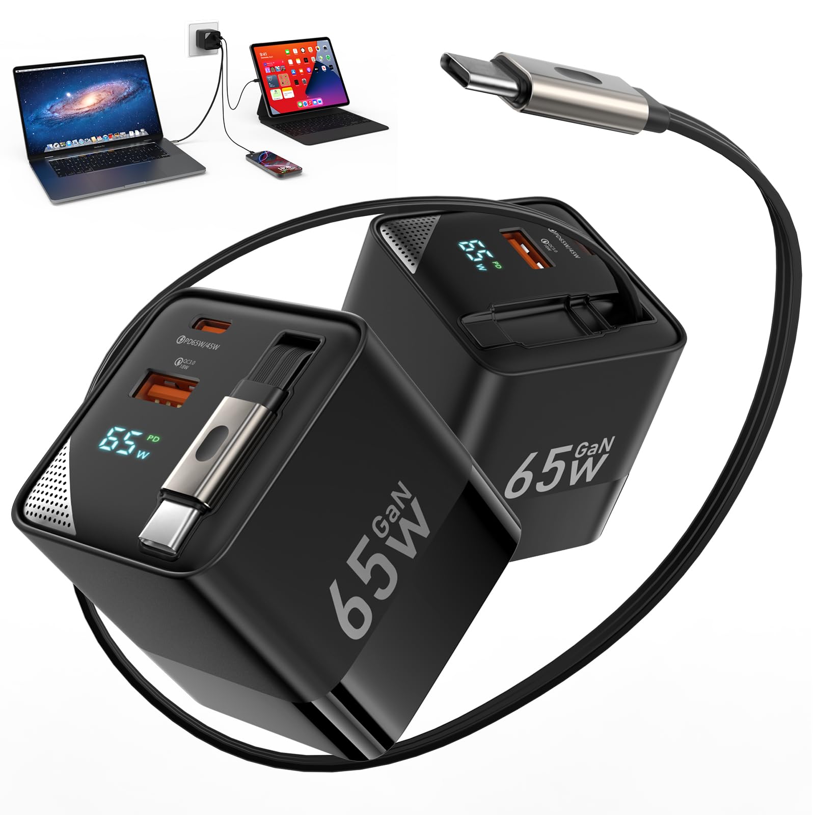 65W Usb C Charger, 3 In 1 Gan Retractable Wall Charger Plug Pd Pps Type C Cable And Dual Port, Travel Portable Fast Charging Blo