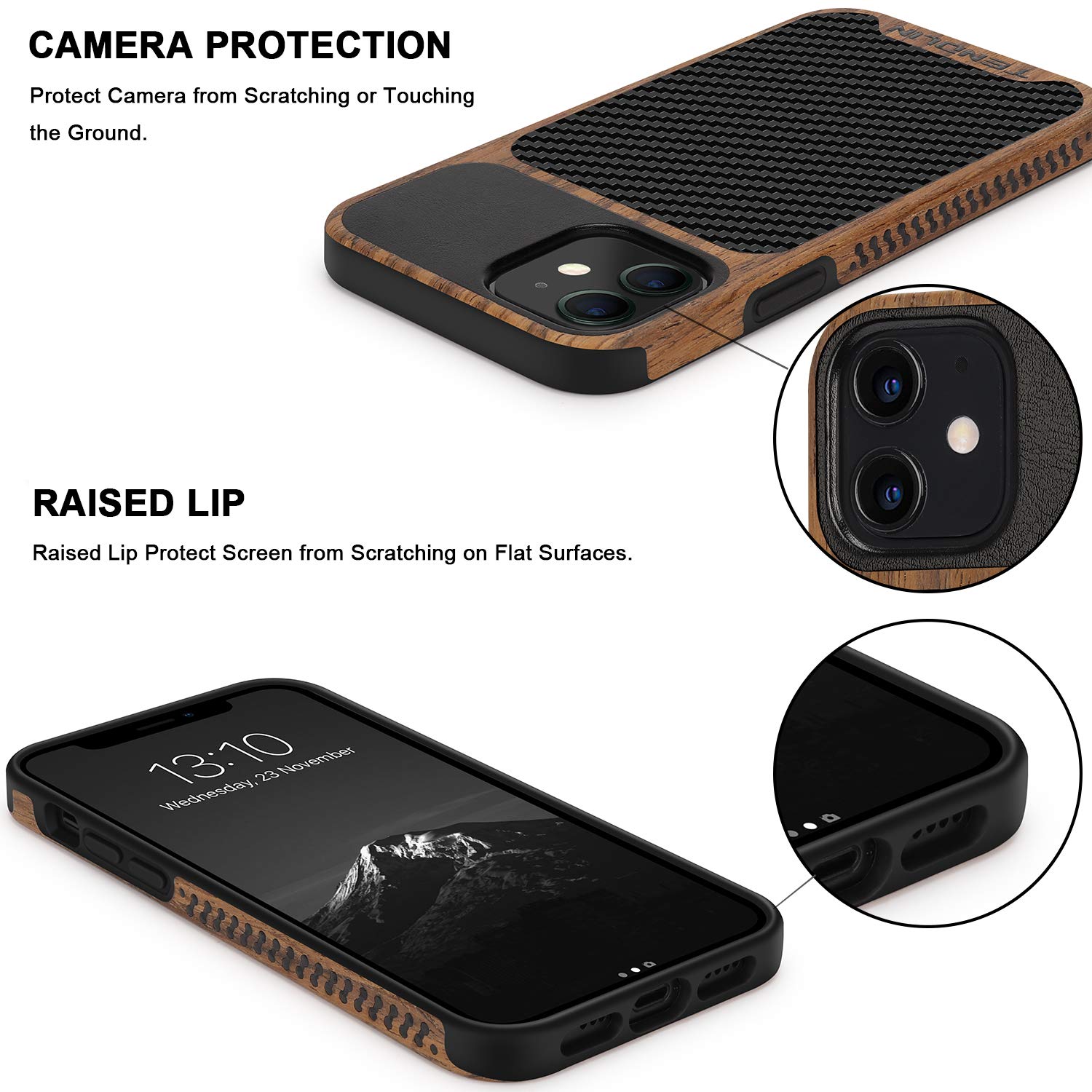 Tendlin Compatible With Iphone 12 Case/Iphone 12 Pro Case Wood Grain With Carbon Fiber Texture Design Leather Hybrid Case Black