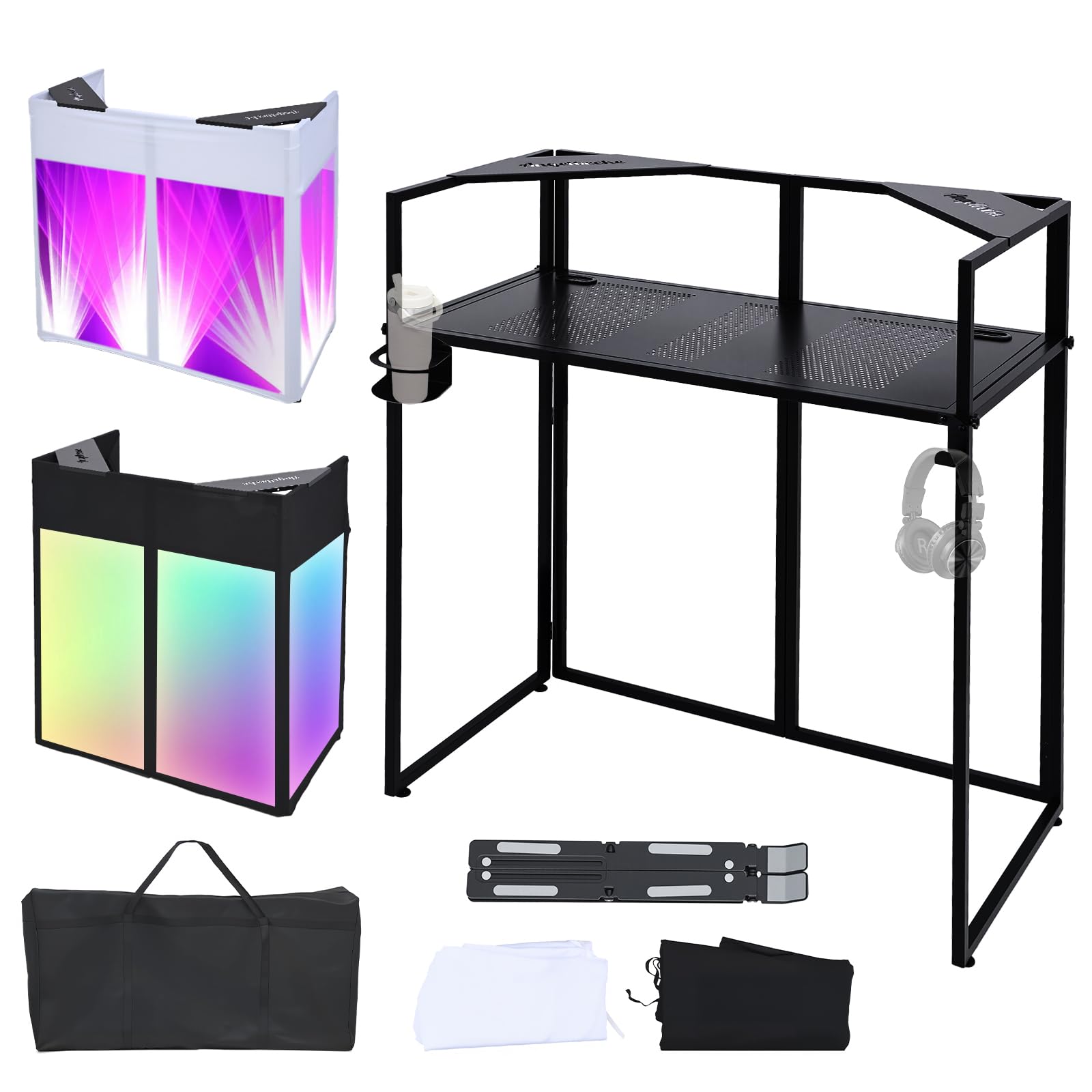 ANGELBECKE Portable DJ Booth Facade. DJ Table. Heavy-Duty DJ Table Stand Portable Booth, Iron Plate Surface DJ Facade Booth, wit