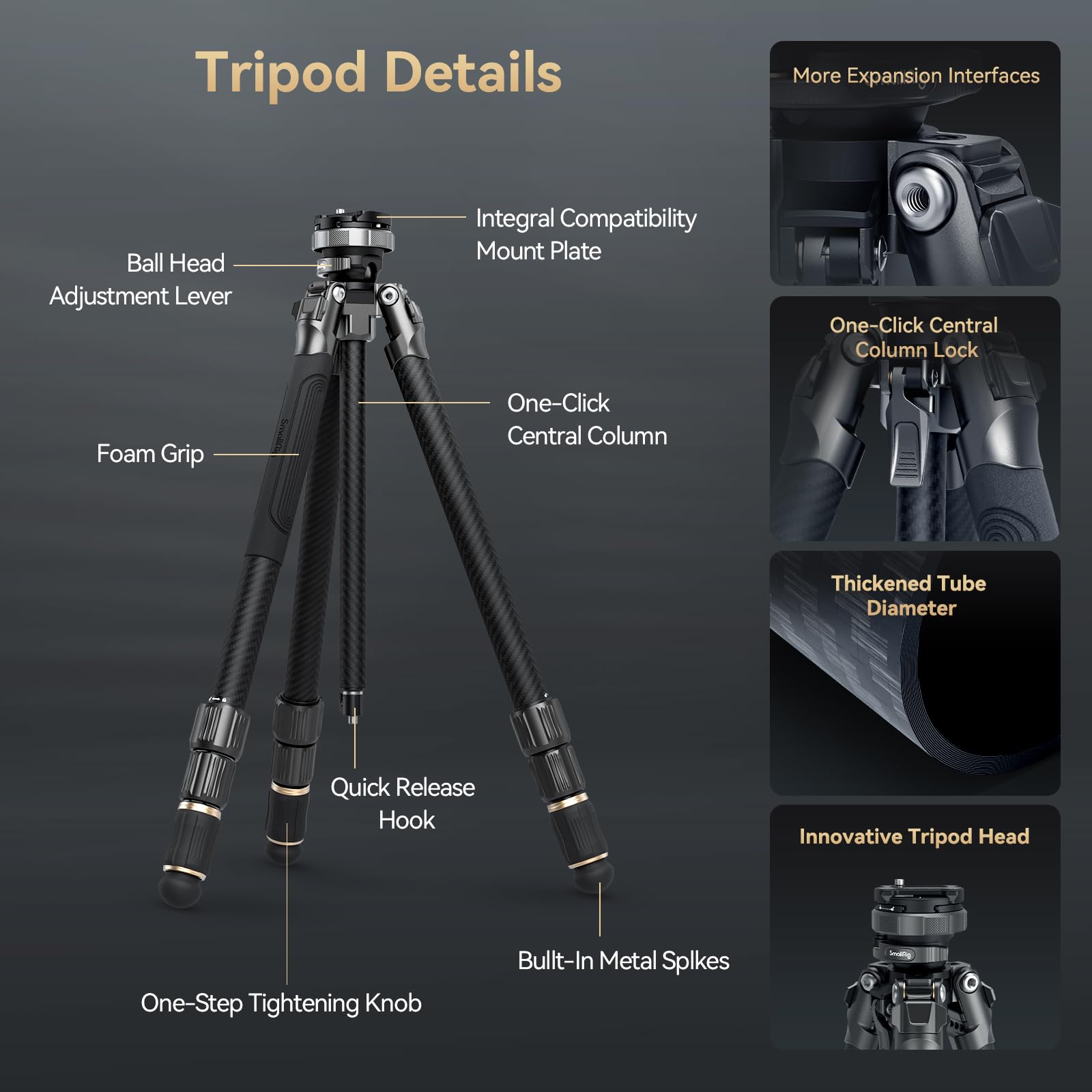 Smallrig Ap 100 Freerover Carbon Fiber Tripod, 59'' Photography Tripod With One Step Tightening System, Multi Compatible Mount P