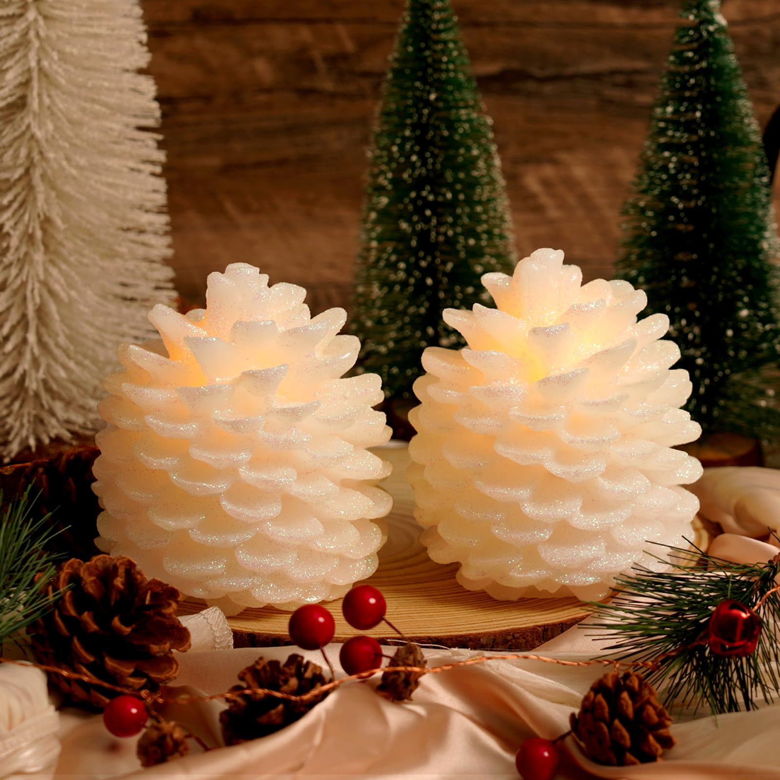 Homemory 2 Pcs Pine Cone Candles Flameless, White Led Flickering Candles With 6 Hours Timer, Battery Operated Candles For New Ye