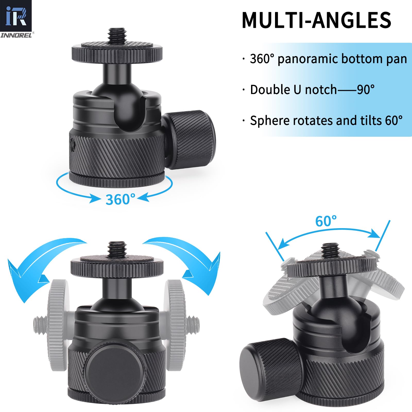 Mini Ball Head Innorel C19 Mount Tripod Head Cnc Metal Low Profile Ballhead 360� Pan 90� Tilt Tripods Mount With 3/8' To 1/4' Adapter Ballheads, Max Load 6.61 Lb/3Kg For Phone/Dlsr Camera/Mini Holder
