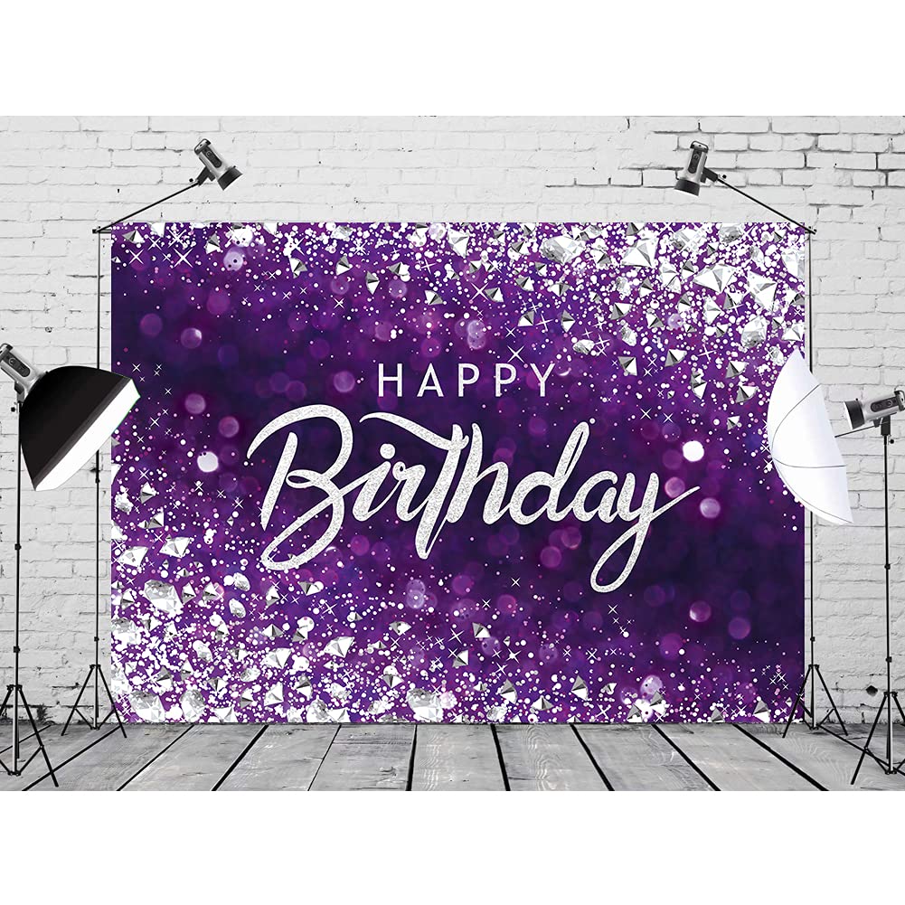 Svbright Purple Happy Birthday Backdrop For Women 7Wx5H Shinning Diamond Silver Bokeh Dots Woman Girls Elegant Sweet Princess Po