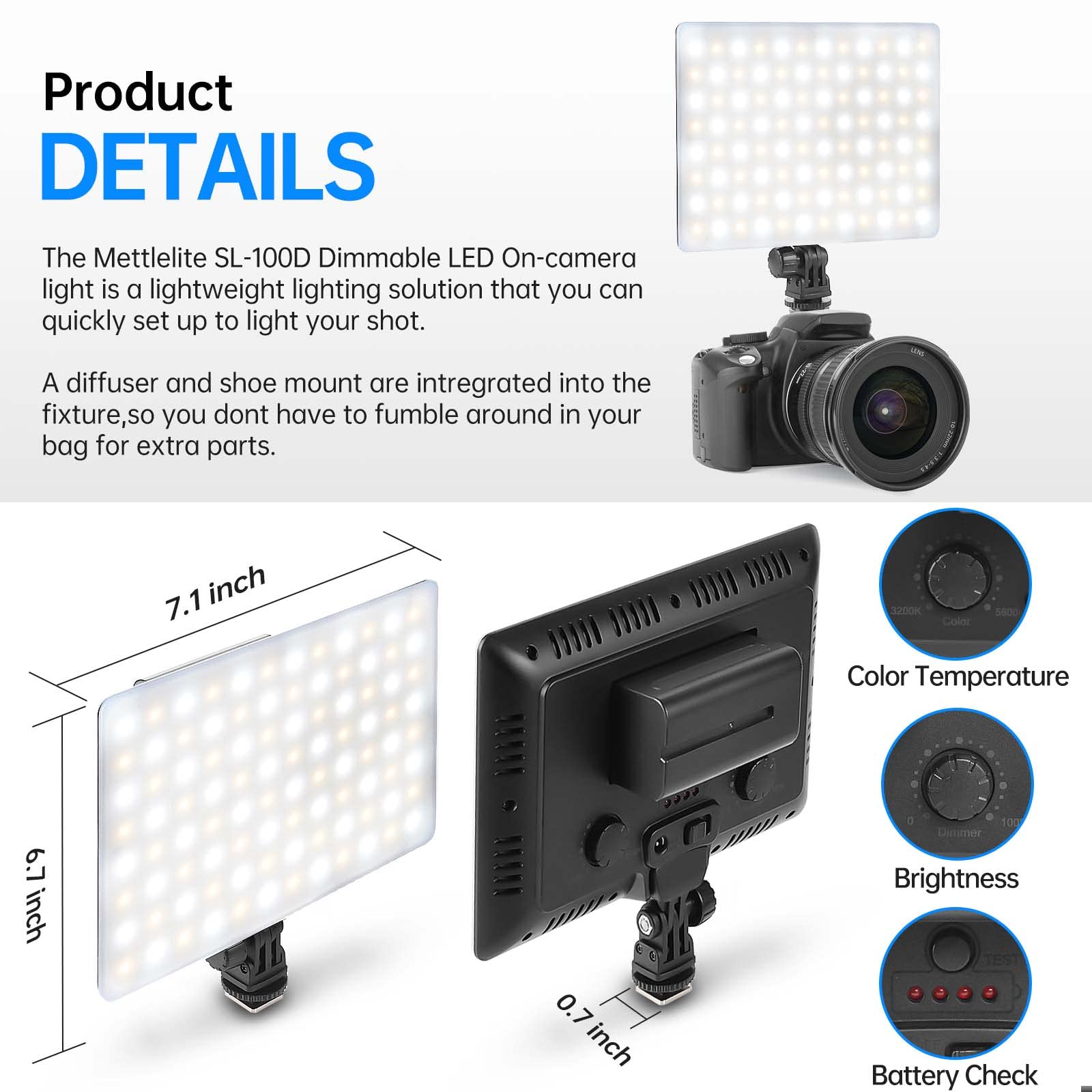 Mettlelite Sl100D Led Video Light Bi Color On Camera Continuous Dimmable Photography Lighting Portable Studio Led Panel 3200K 56