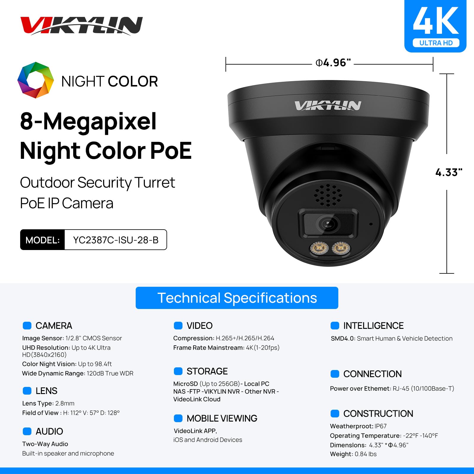 Vikylin 4K 8Mp Full Color Poe Ip Camera, Outdoor 4K Poe Turret Camera With Ai Human/Vehicle Detection, 2.8Mm Lens, F1.0 Aperture