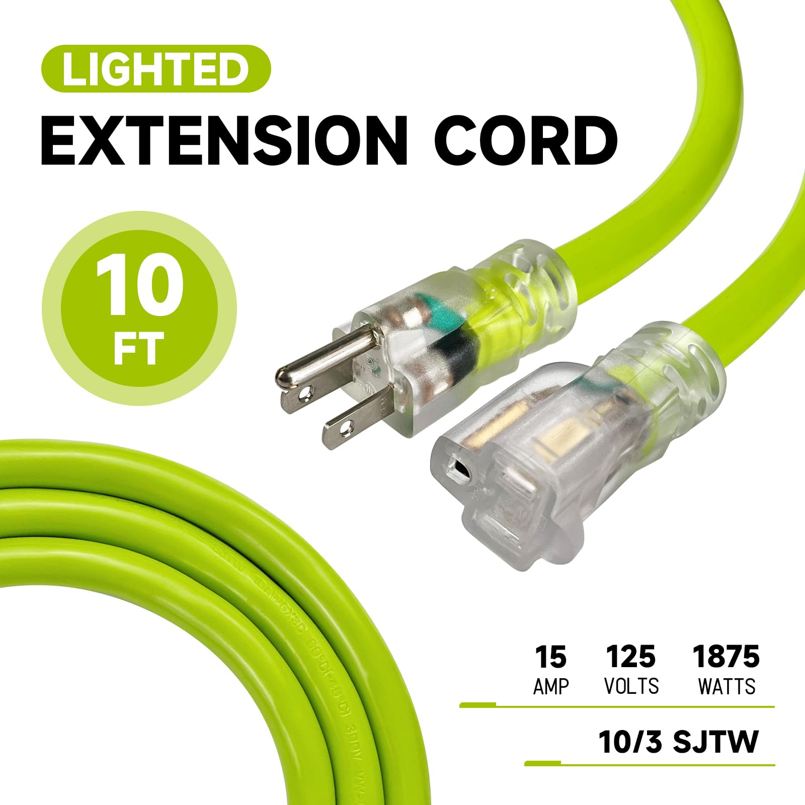 Ep 10 Ft Lighted Outdoor Extension Cord   10/3 Sjtw Heavy Duty Green Extension Cable With 3 Prong Grounded Plug For Safety, Ul L