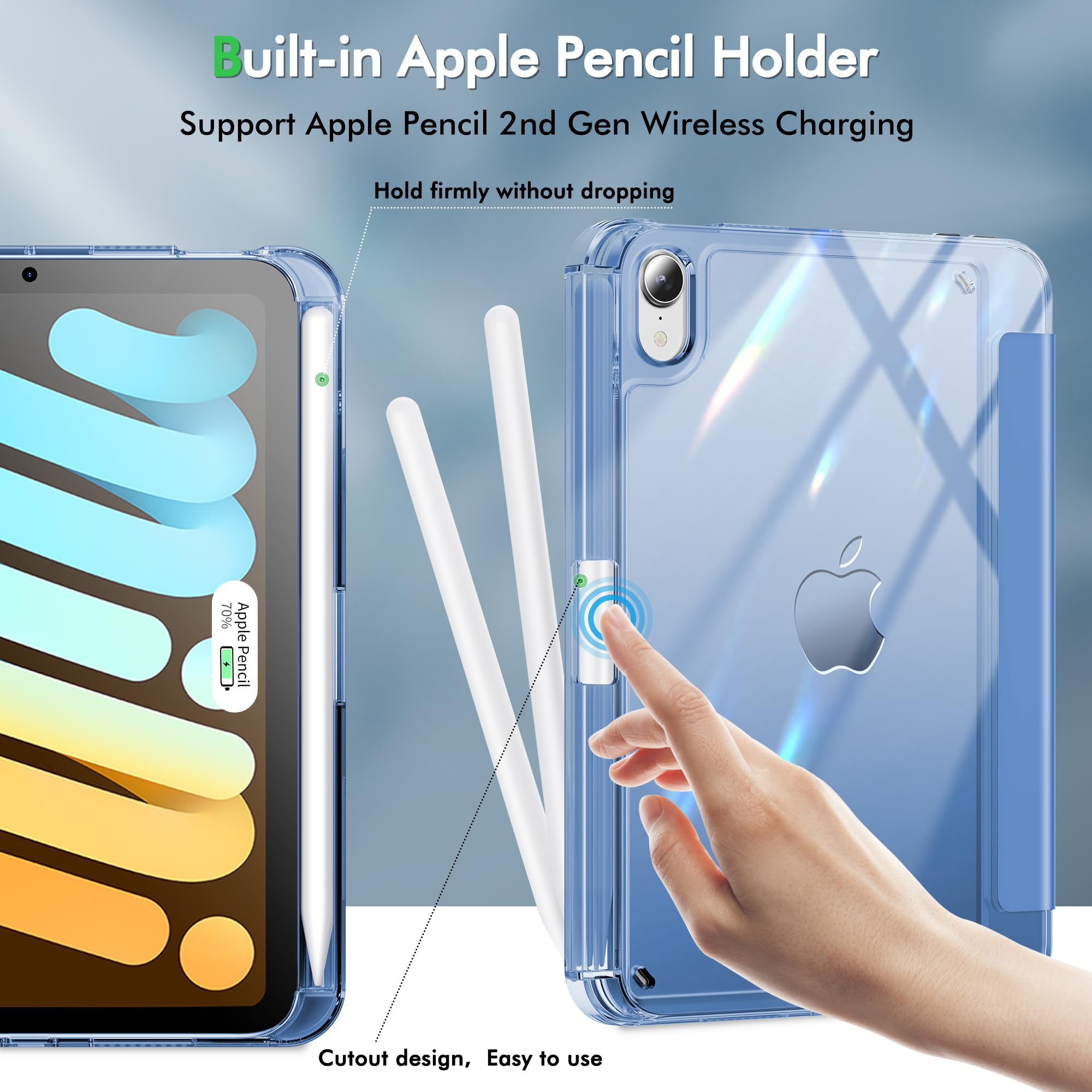 Infiland For Ipad Mini 7 Case, Ipad Mini 7Th (A17 Pro) /6Th Generation Case 8.3 Inch 2024/2021, Clear Back & Pu Leather Protective Cover With Pencil Holder Support Wireless Charging Cerulean Blue