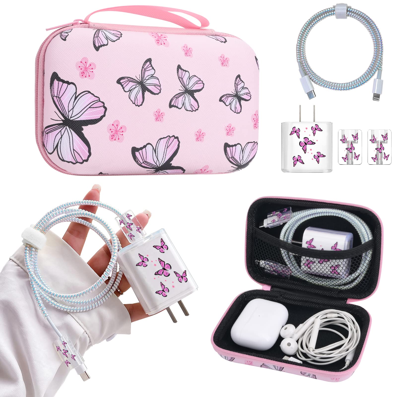 Cute Phone Charger Storage Case Cover Set Pink Butterfliy Flowers Carrying Bag With Cable Protector Cord Organizer,Cable Chomper