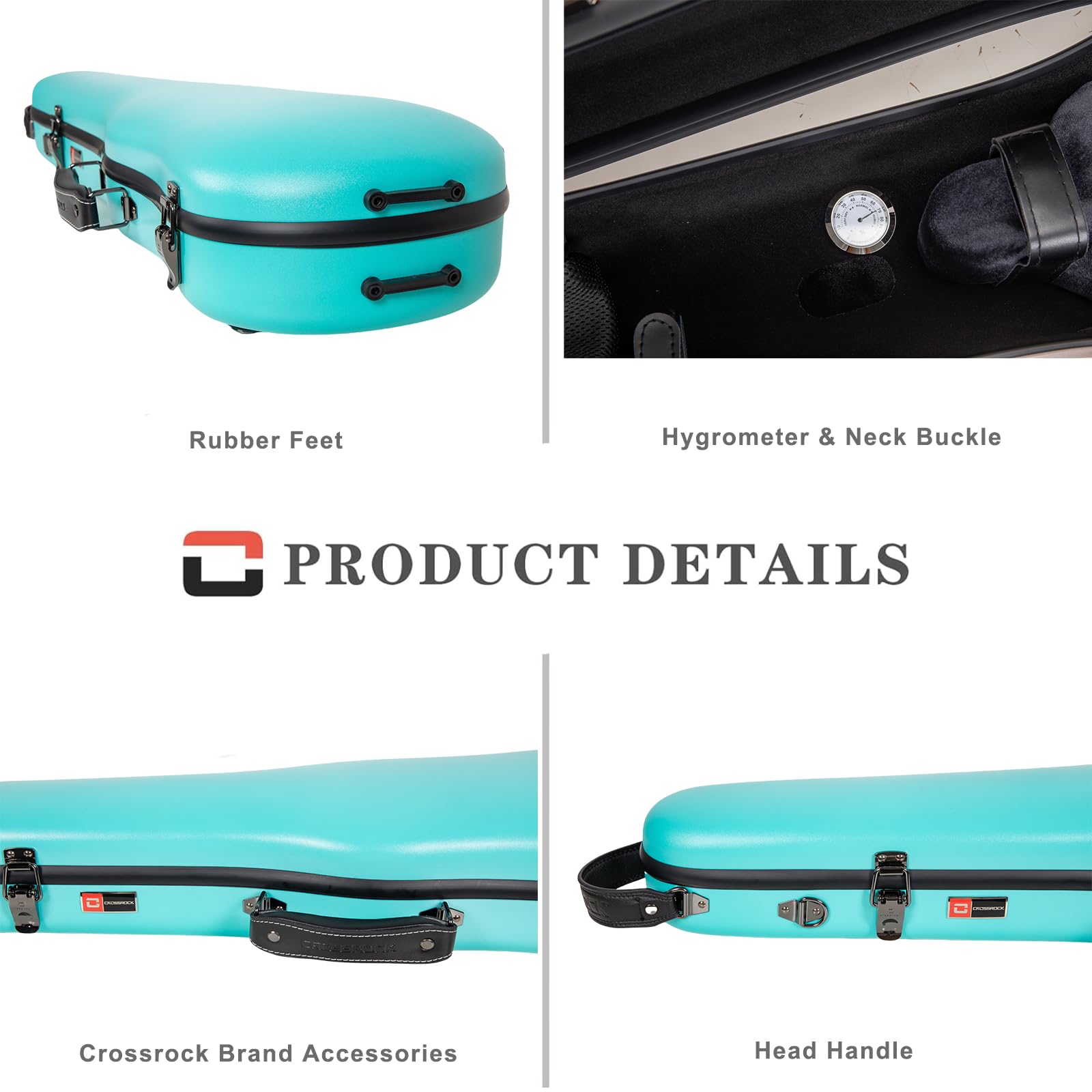 Crossrock Poly Carbon Shaped Violin Case For 4/4 Full-Size | Matte Mint Blue Finish, Hygrometer, Accessory Storage, Protective B