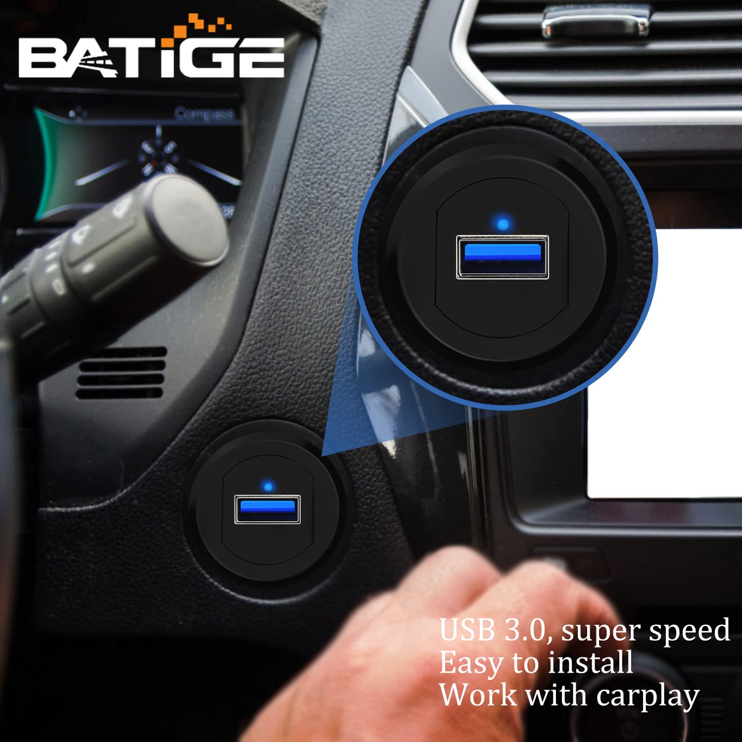 Batige Alloy Single Port Usb 3.0 Dashboard Port Car Mount Flush Cable, Male To Female Waterproof Extension Cable For Car Truck Boat Motorcycle With Led Indicator 1Ft