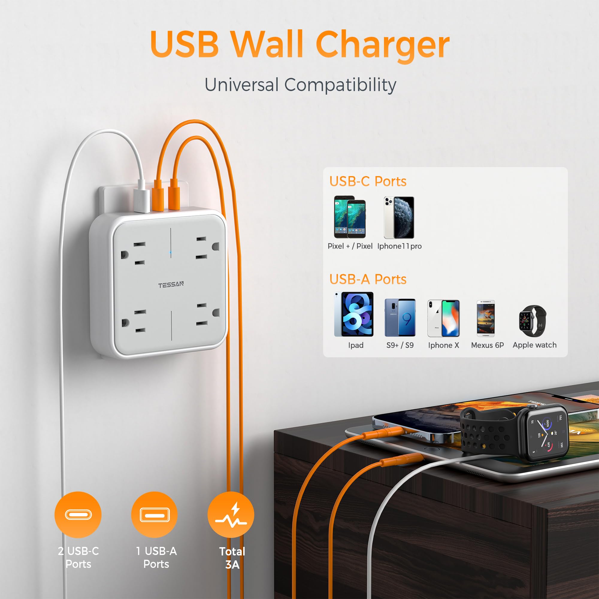Multi Plug Outlet Extender, Tessan Outlet Splitter 4 Outlets 3 Usb Wall Charging Ports (2 Usb C), Wide Spaced Multiple Expander