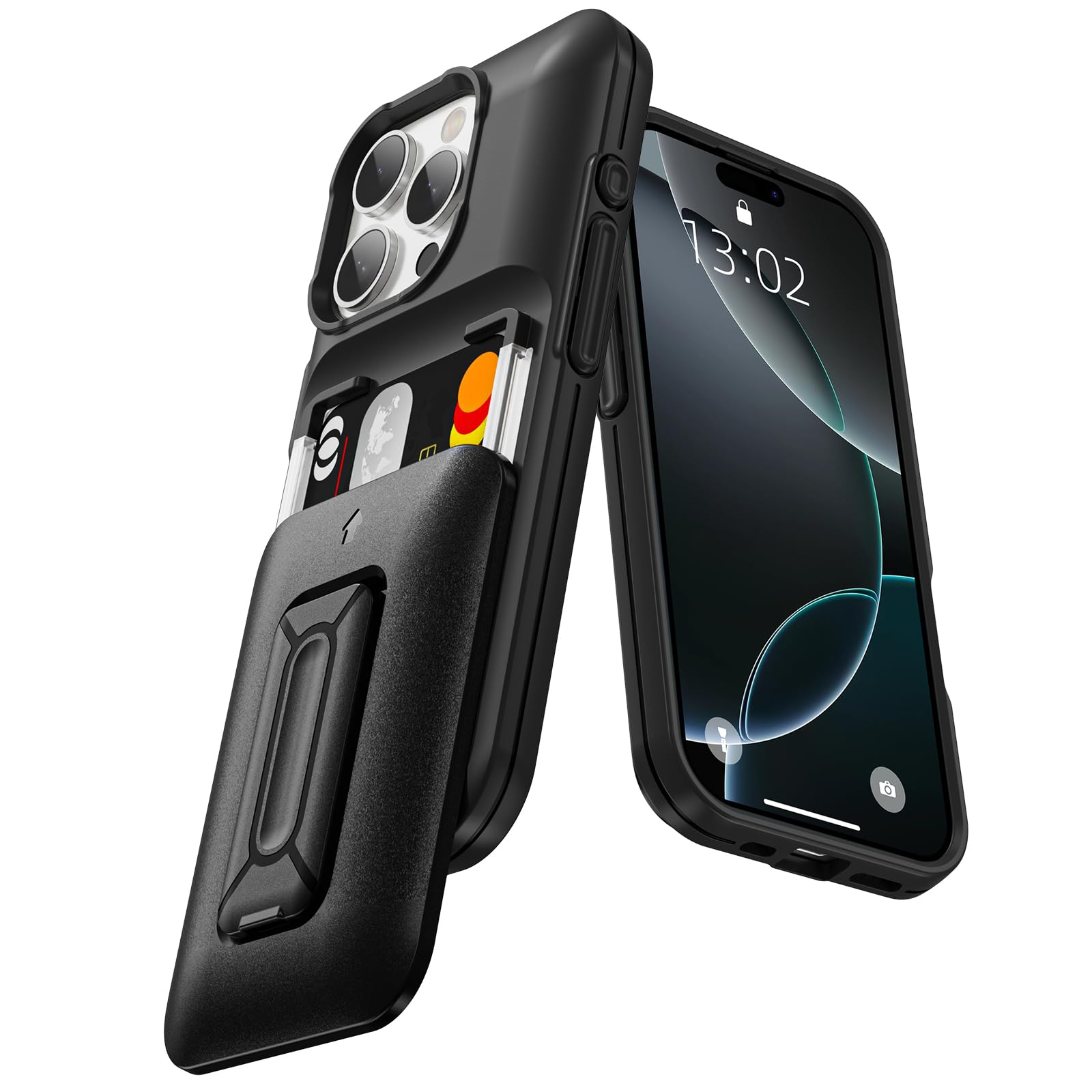 SAMONPOW for iPhone 16 Pro Case Wallet with Card Holder [3 Cards] & Stand Heavy Duty Protective Shockproof Hidden Card Slot Wall