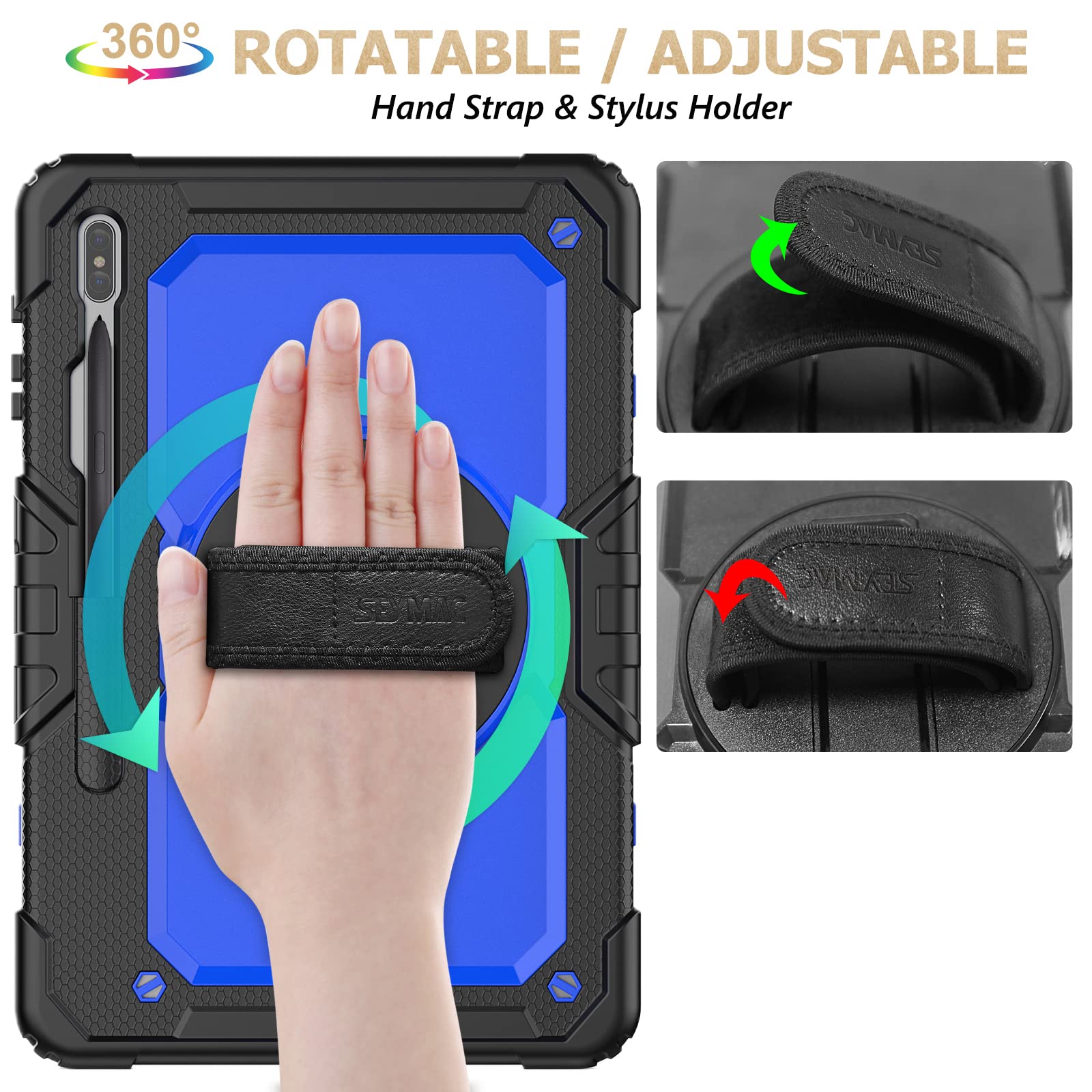 Seymac Stock Case For Samsung Galaxy Tab S8 Plus/ S7 Fe Case 12.4'' With Screen Protector Pencil Holder [360 Rotating Hand Strap