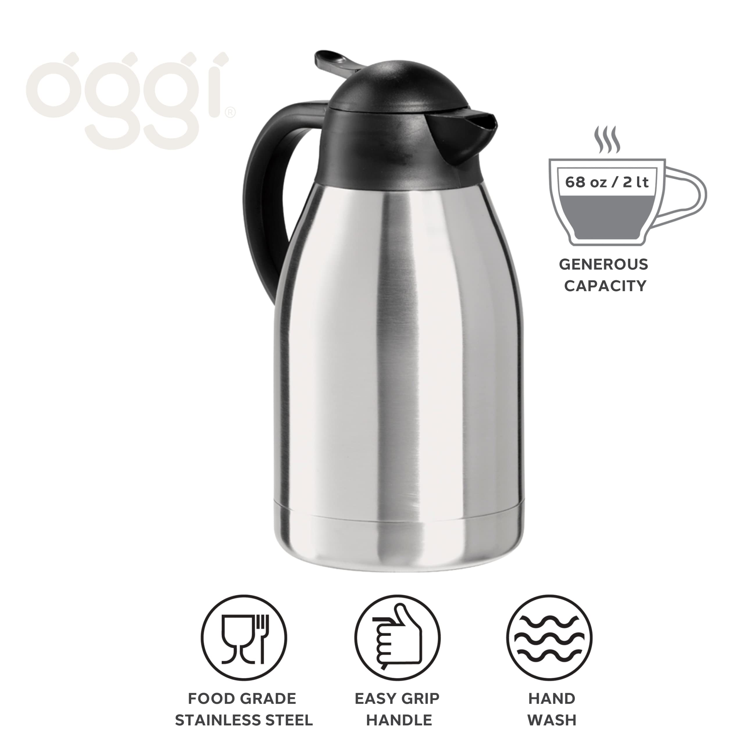 Oggi Catalina 68Oz Stainless Steel Thermal Coffee Carafe  Double Walled Vacuum Container W/Press Button Top, Insulated Coffee Carafe, Thermos Carafe, Coffee Urn, Hot Beverage Dispenser, 2 Liters