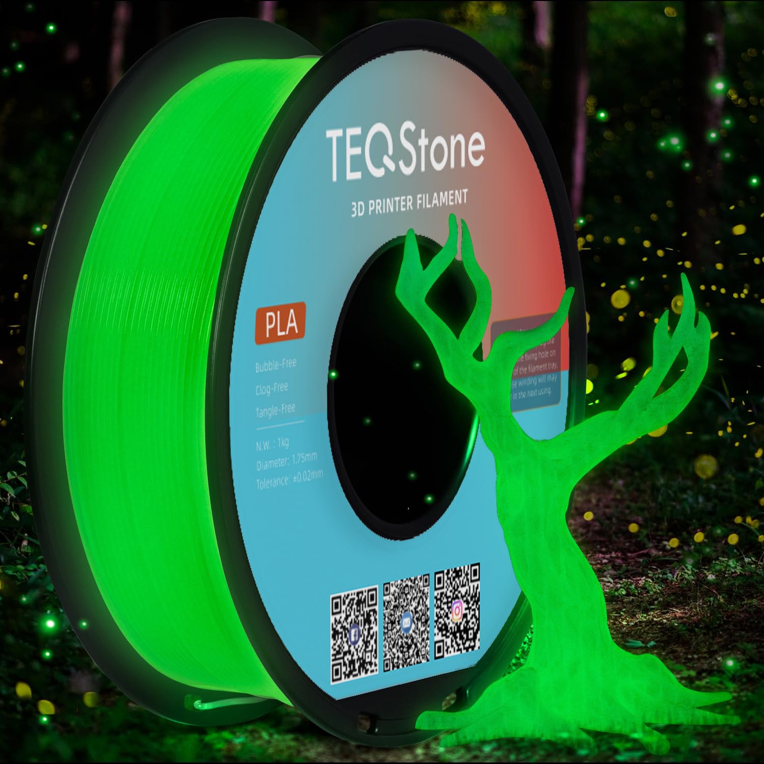 TEQStone Glow in The Dark PLA Filament 1.75mm Green, Consistent Diameter +/- 0.03mm, Vacuum Packaging, Compatible with Various 3
