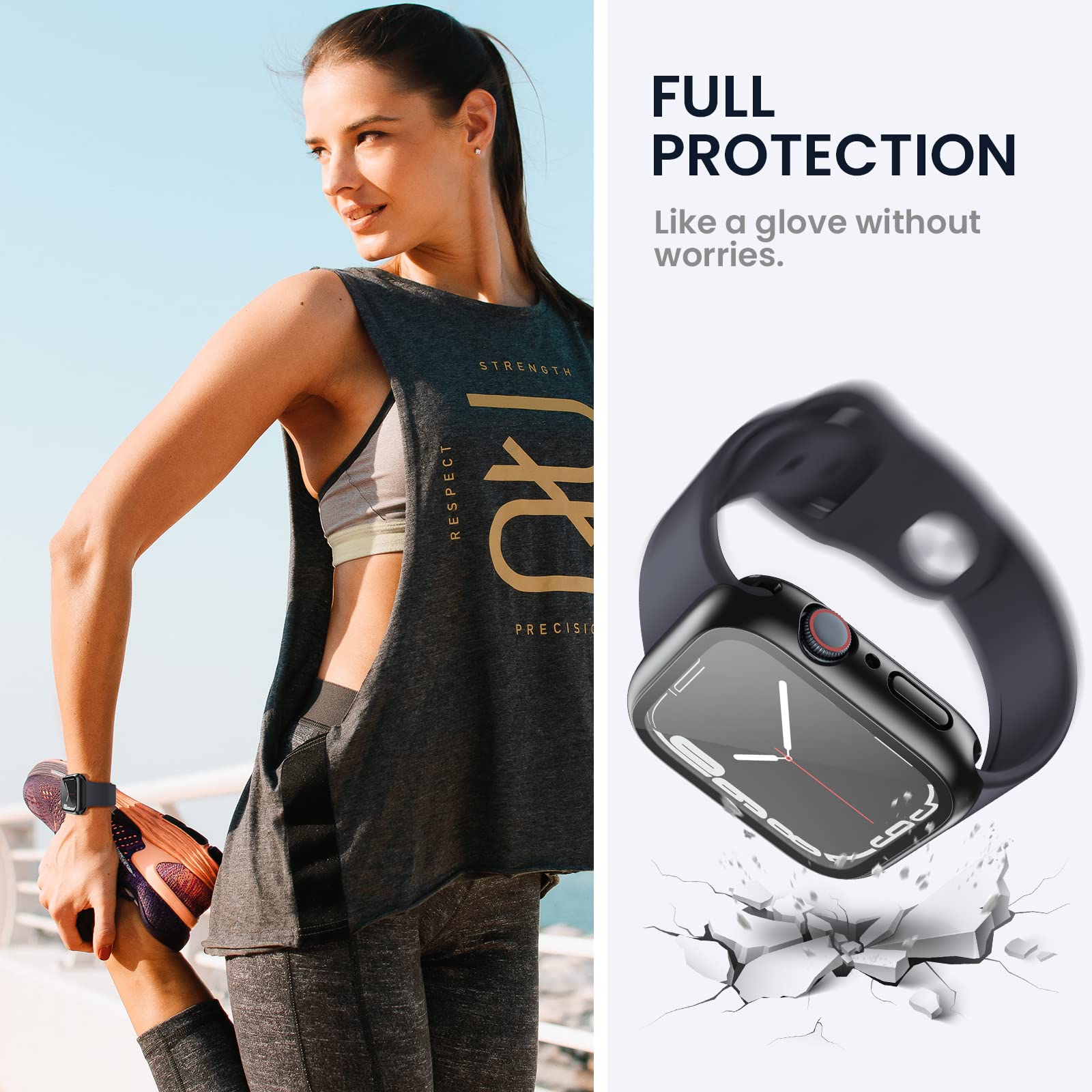 (2 In 1) Tensea For Waterproof Apple Watch Screen Protector Case Series 8 7 45Mm Accessories, Iwatch Protective Pc Face Cover Built In Tempered Glass Film, Front & Back Bumper For Women Men, 45 Mm