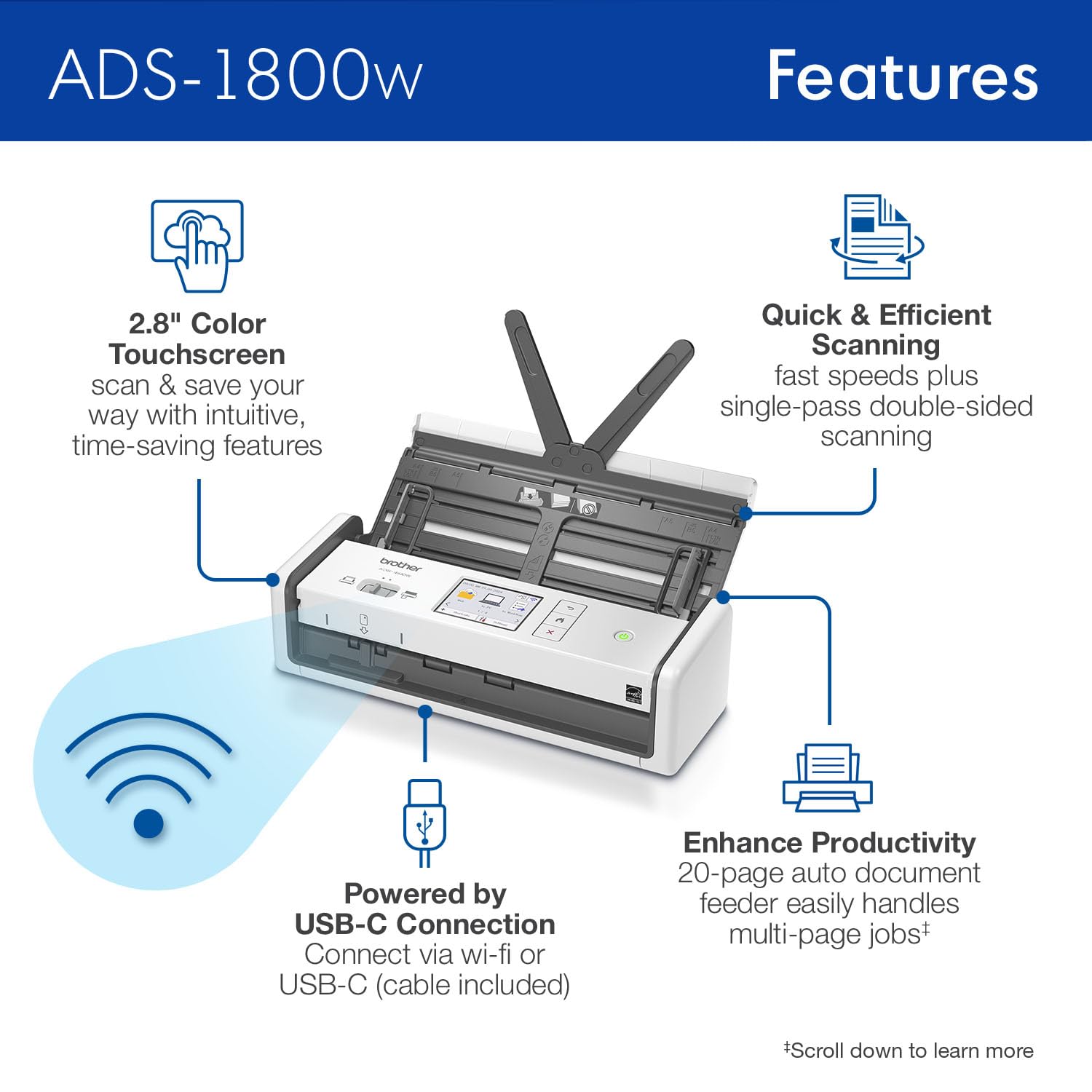 Brother Ads 1800W Wireless Compact Desktop Scanner | Scan Speeds Of Up To 30Ppm | 2.8'' Color Touchscreen