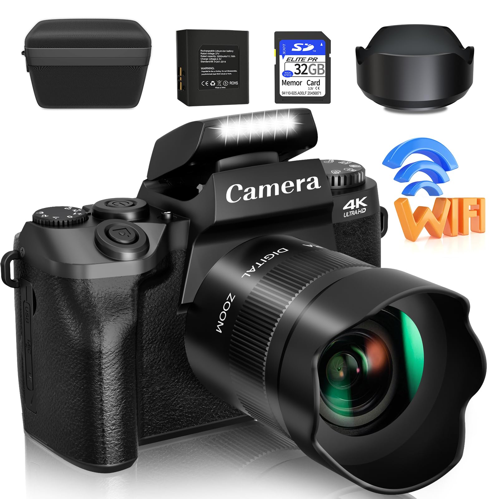 Saneen Digital Camera, 4K Cameras For Photography & Video, 64Mp Wifi Touch Screen Vlogging Camera For Youtube With Flash, 32Gb S