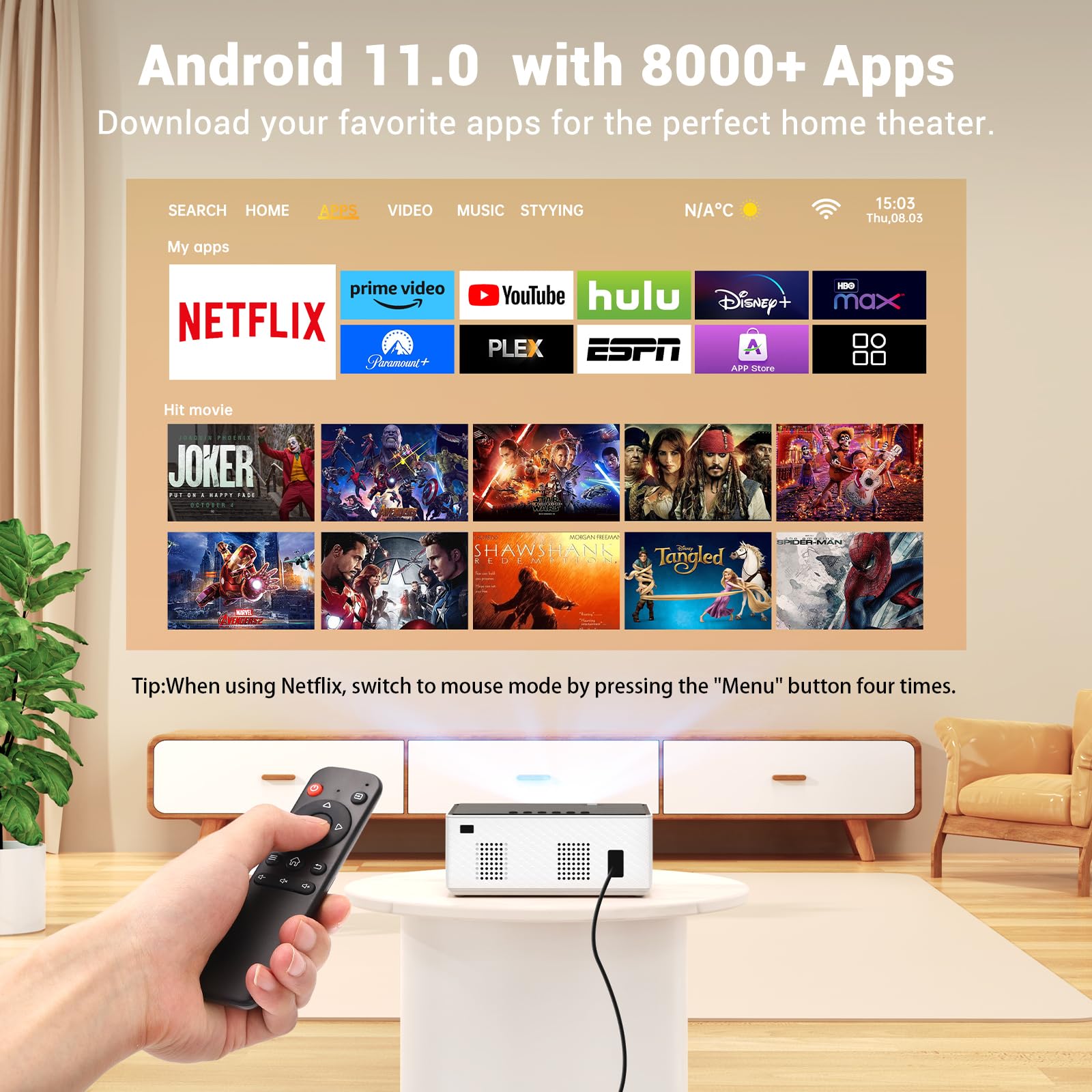 Mini Projector With Android Tv 11.0, Towond Smart Projector With Wifi And Bluetooth, Portable Native 1080P Projector Built In Ne