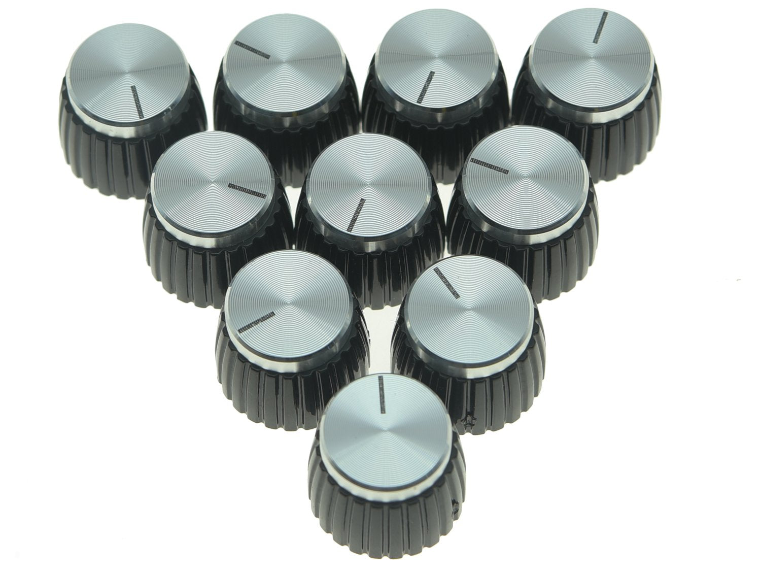 Kaish 10Pcs Guitar Amp Amplifier Push On Fit Knobs Black With Silver Aluminum Cap Top For Marshall Amplifiers With 6Mm Diameter