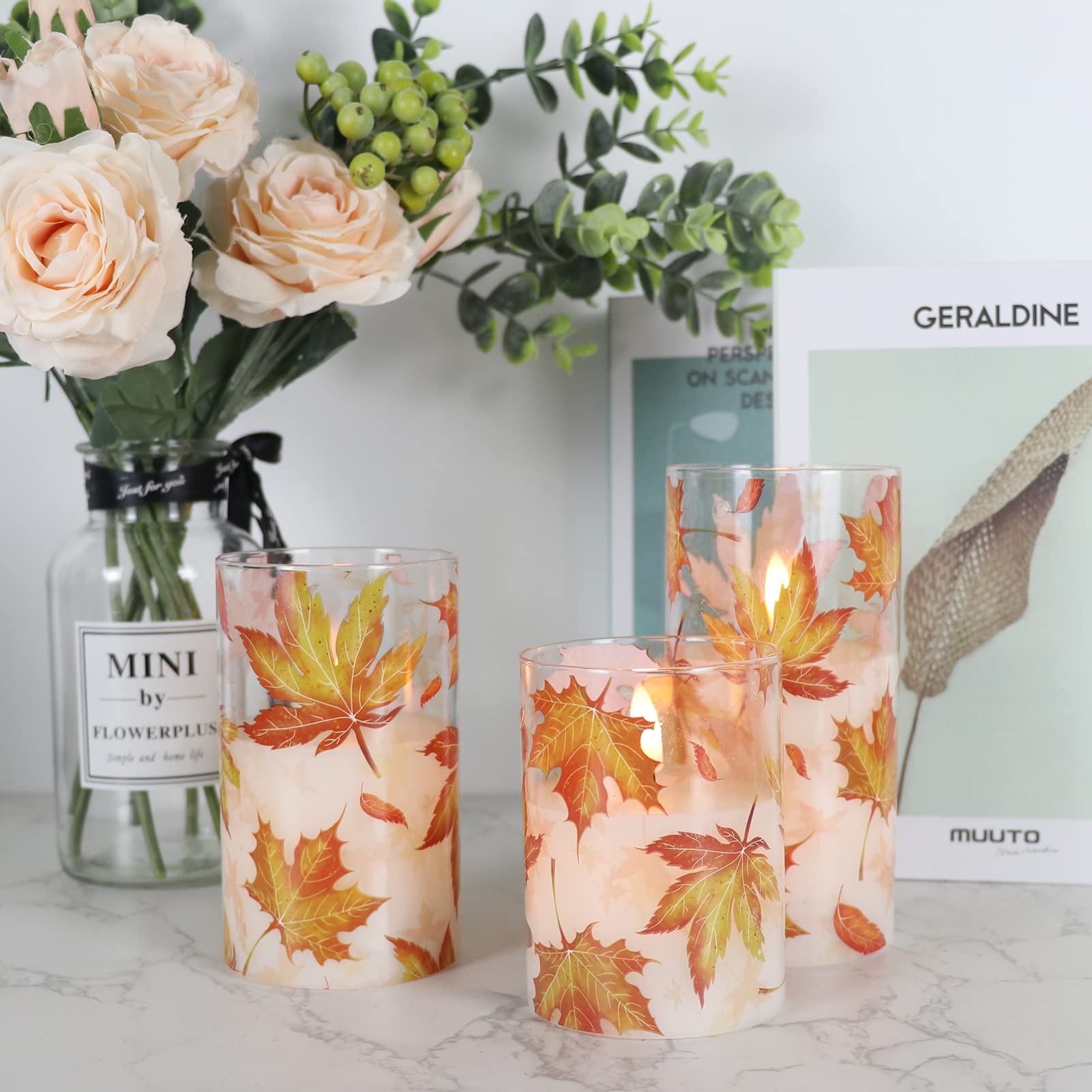 Genswin Glass Maple Leaf Flameless Candles With Remote Timers, Battery Operated Led Flickering Candles, Real Wax Pillar Candles