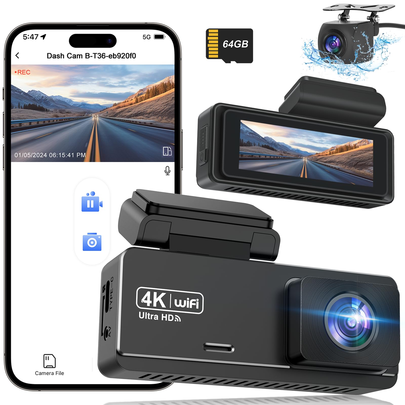 Dash Cam Front And Rear Camera 4K, Wifi Dash Camera For Cars Front And Rear With App, 4K+1080P Car Camera With 64Gb Card, 2.99''