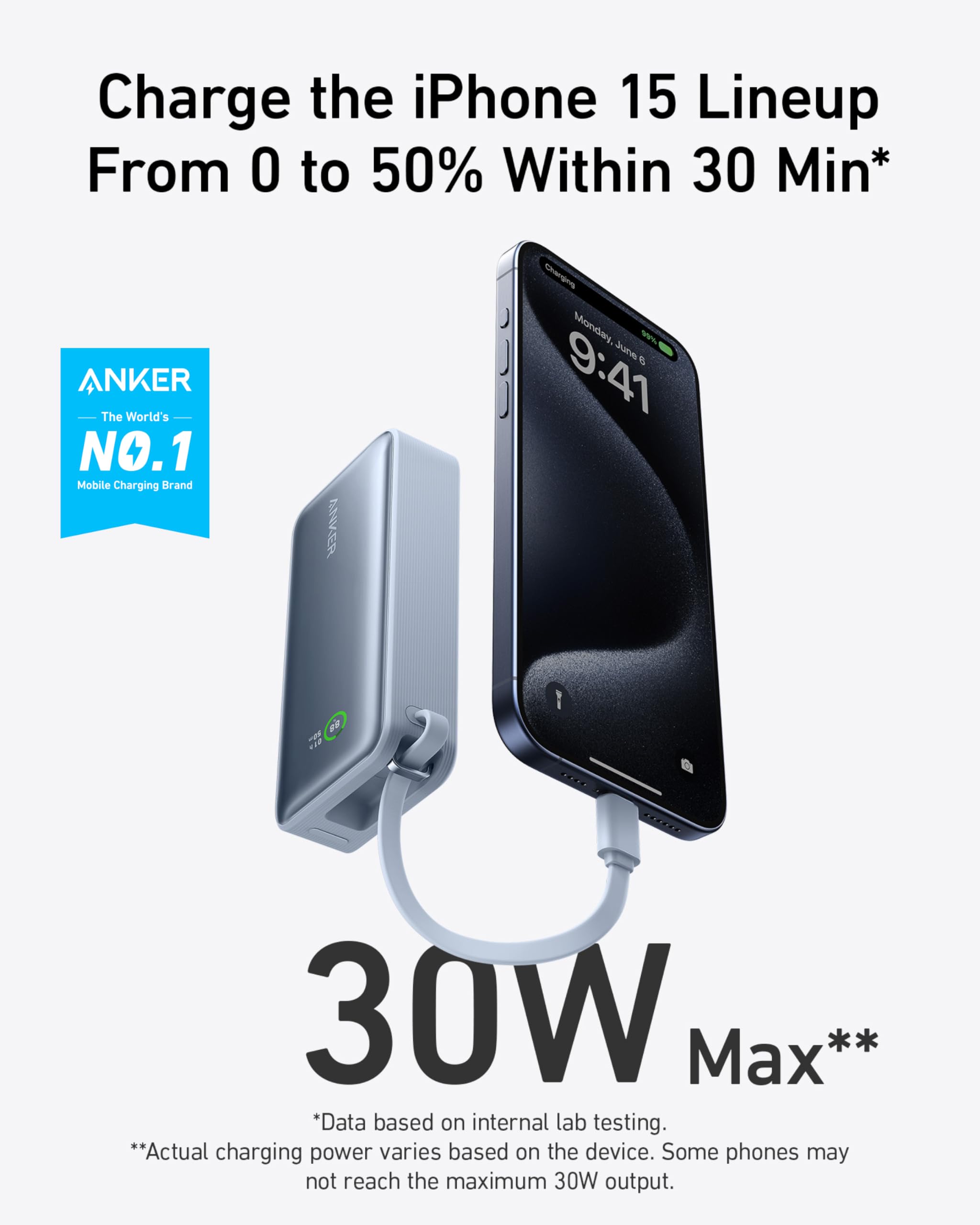 Anker Nano Power Bank, 10,000Mah Portable Charger With Built In Usb C Cable, 30W Recharging, 30W Max Output With 1 Usb C, 1 Usb