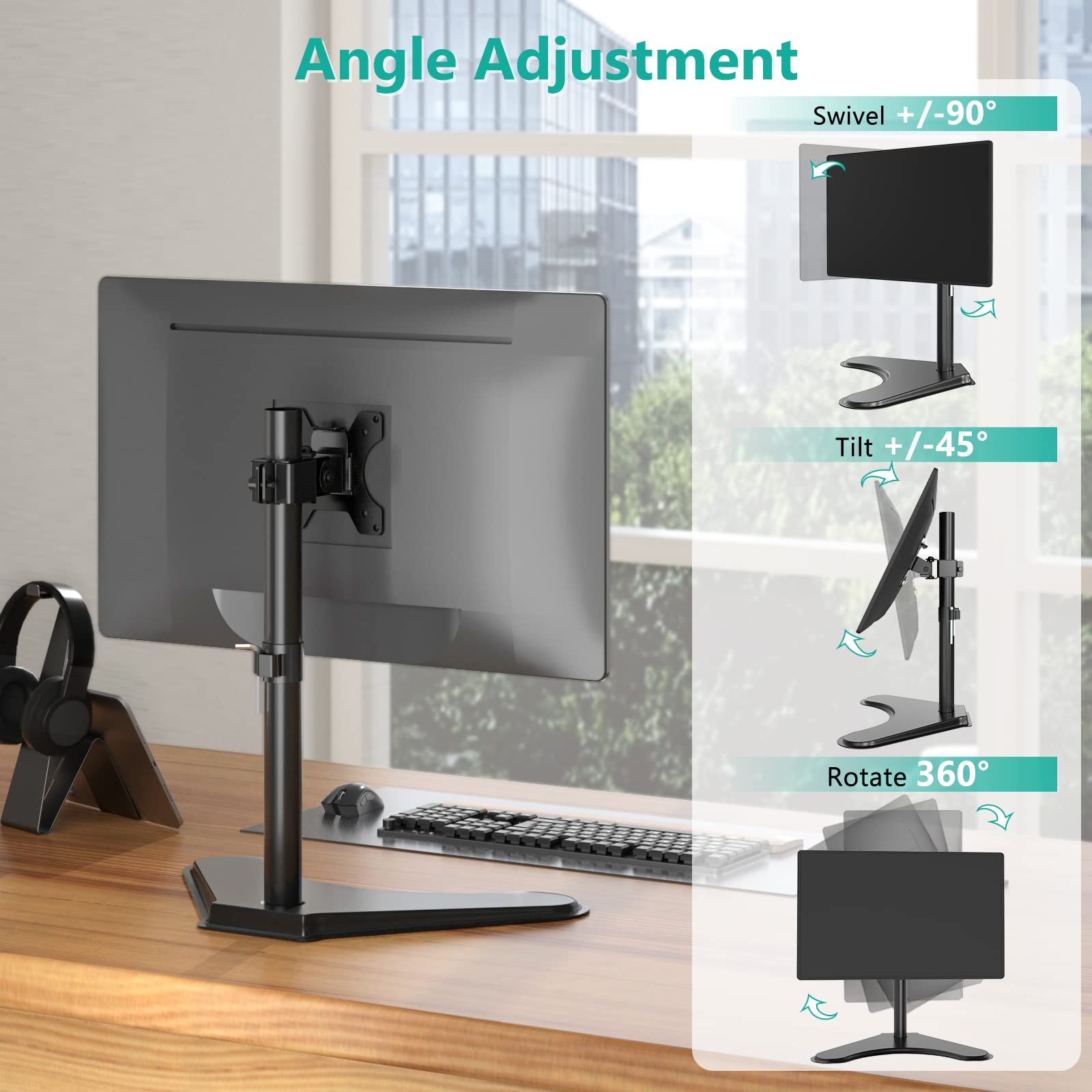 WALI Single Monitor Stand, Adjustable for Screens up to 32", Alloy Steel, Black, Model MF001