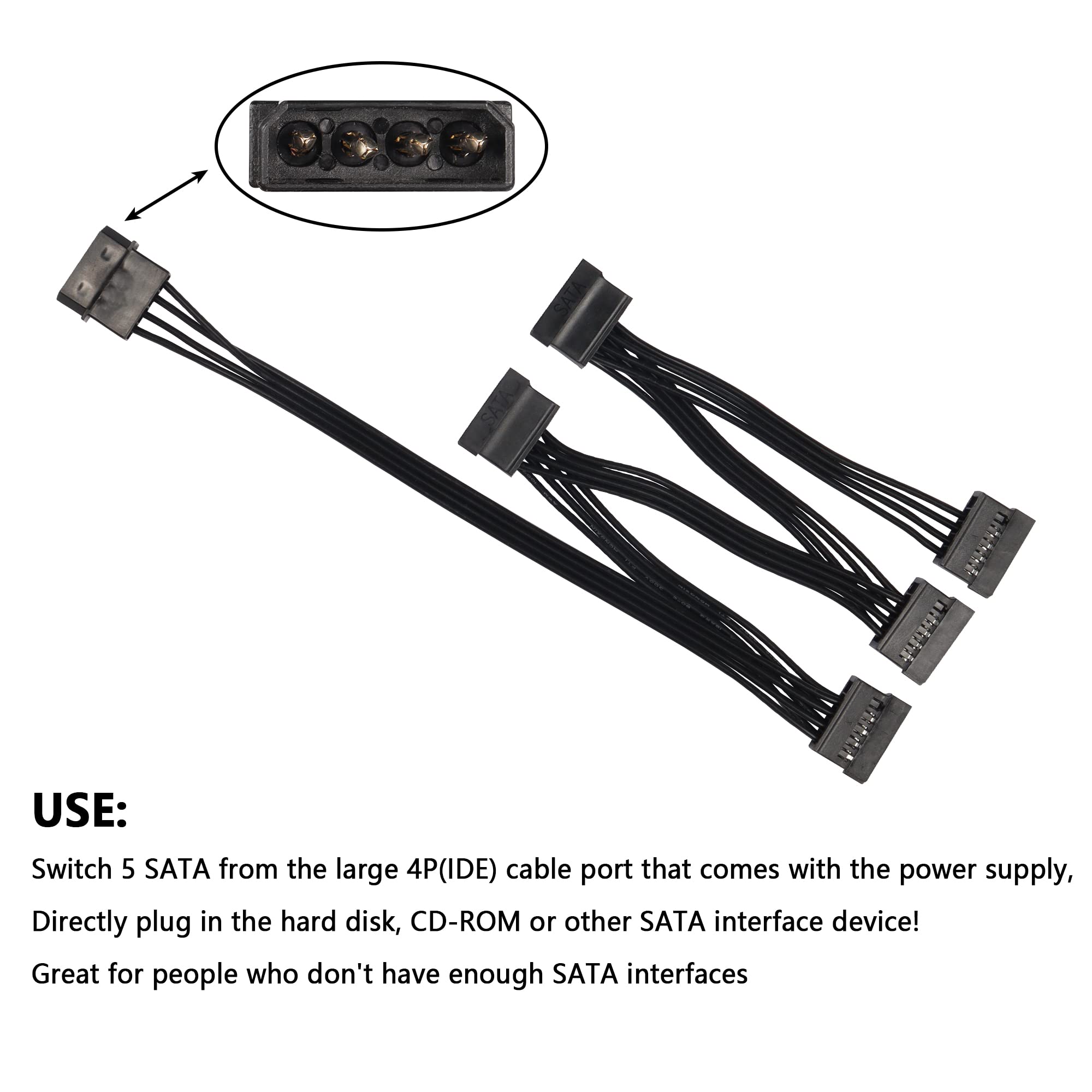 Sinloon Ide To Sata Power Splitter Cable, Lp4 4 Pin Male To 5 Sata Female Power Extension Hard Drive Cable,For Hdd Ssd And Optic