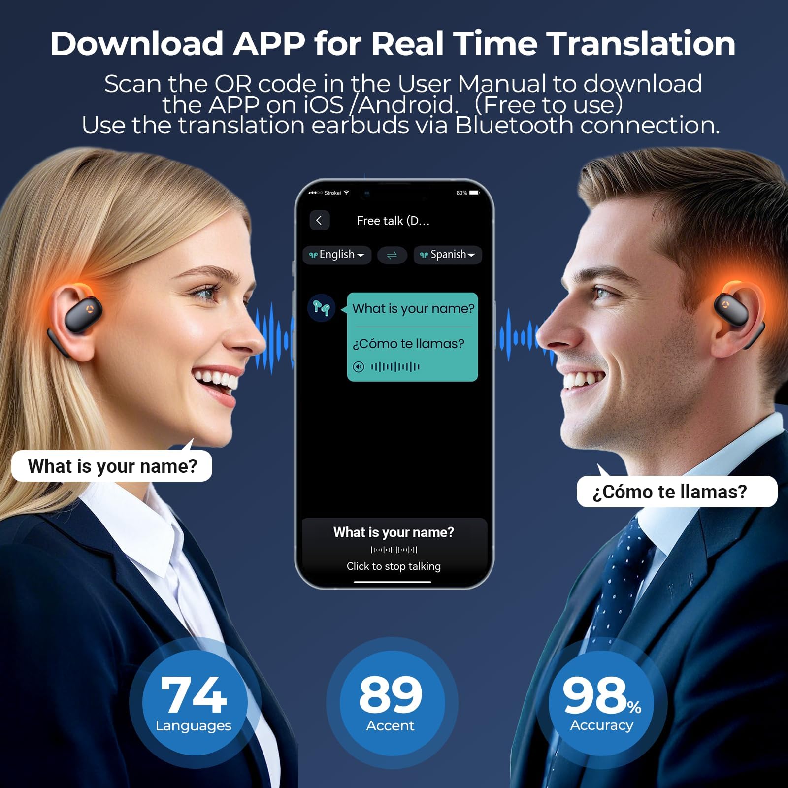 Ai Translation Earbuds With 164 Languages, 80H Playtime Bluetooth Translator Headphones, Real-Time Two-Way Translator Device Wit