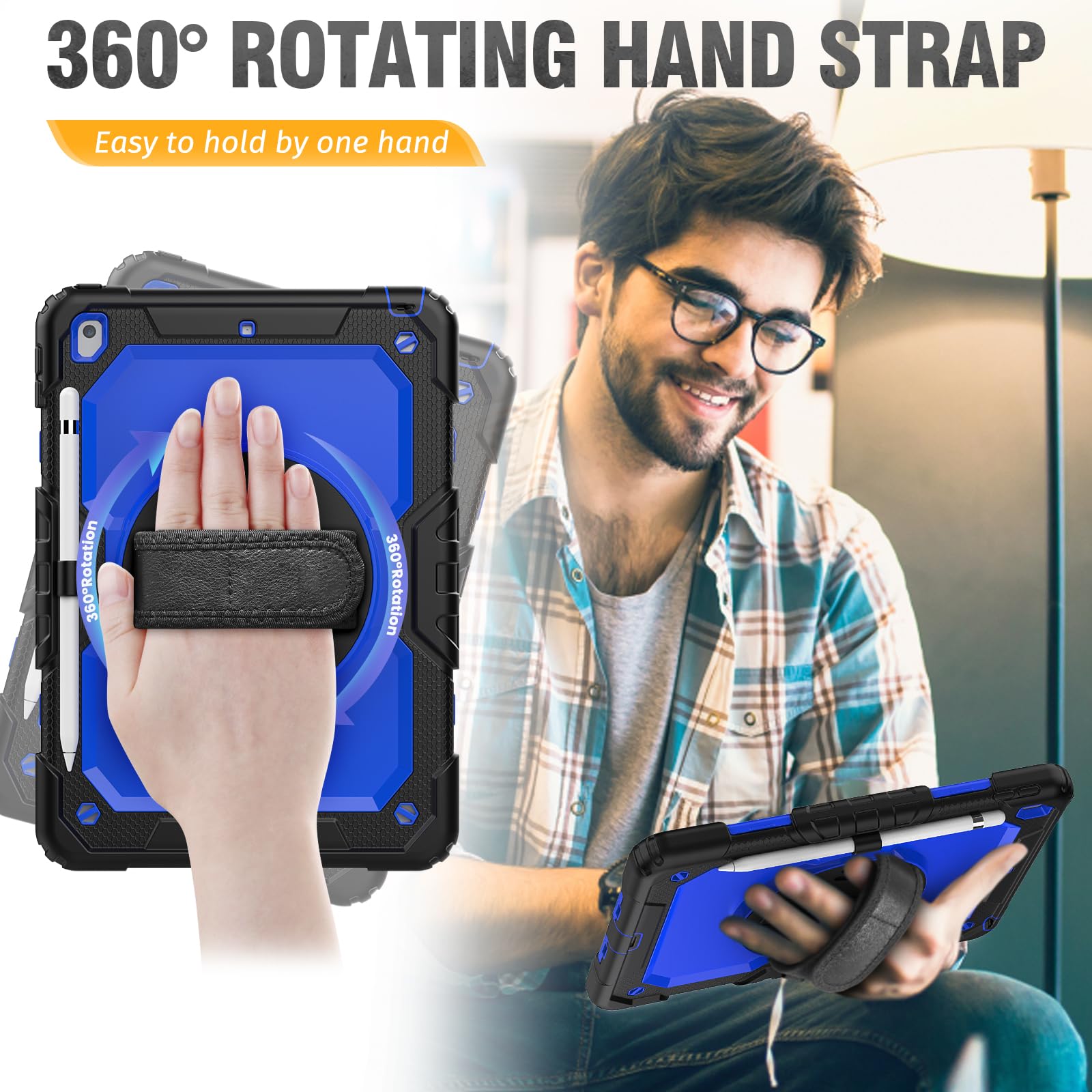 Hxcaseac Case For Ipad 9Th/8Th/7Th Generation 10.2 Inch With Pencil Holder/Hand Strap/Built In Protector/Adjustable Stand, Shock