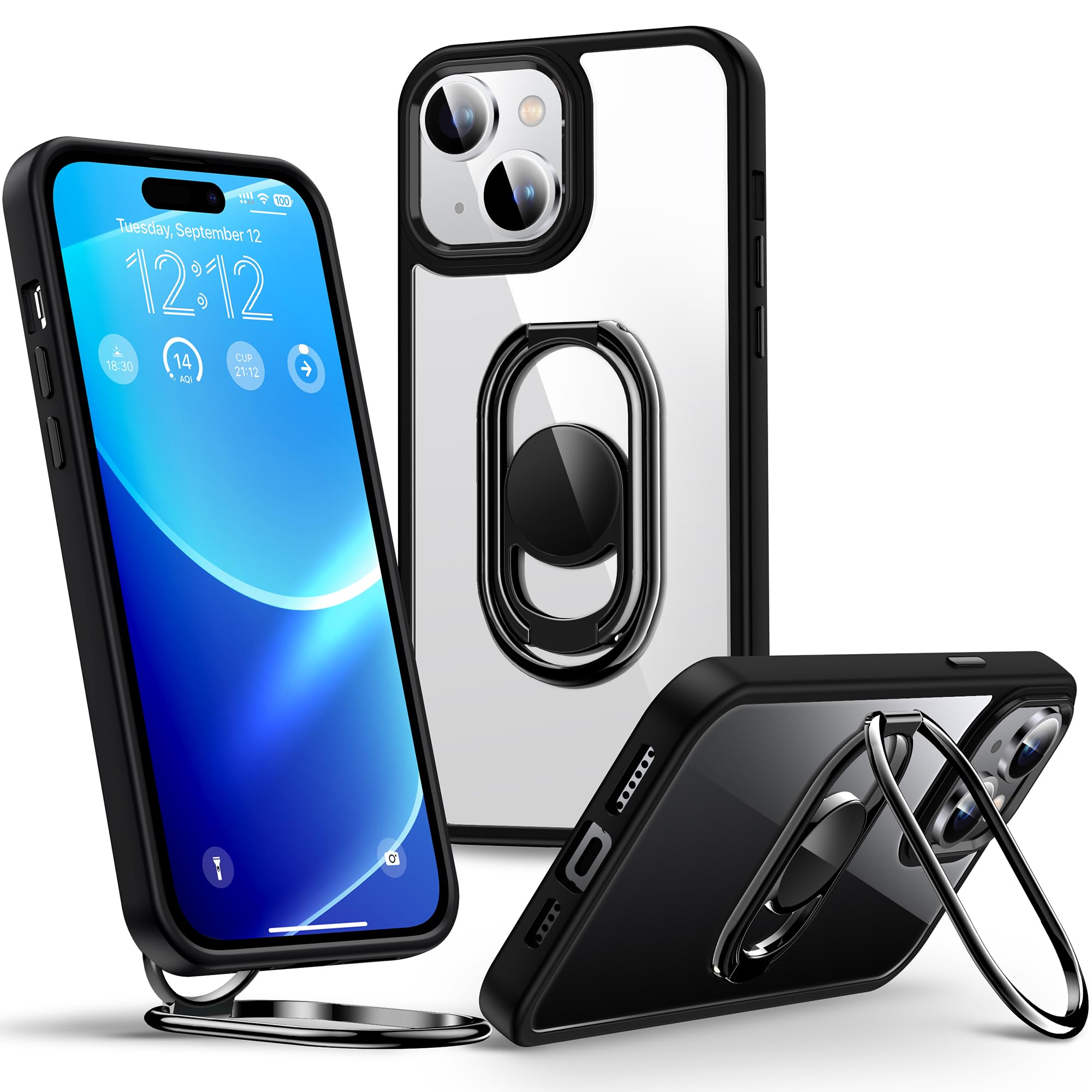 Shields Up for iPhone 15 Plus Case with Stand, Phone Case Clear with Double Ring Holder [Adjustable & Foldable] Shockproof Prote